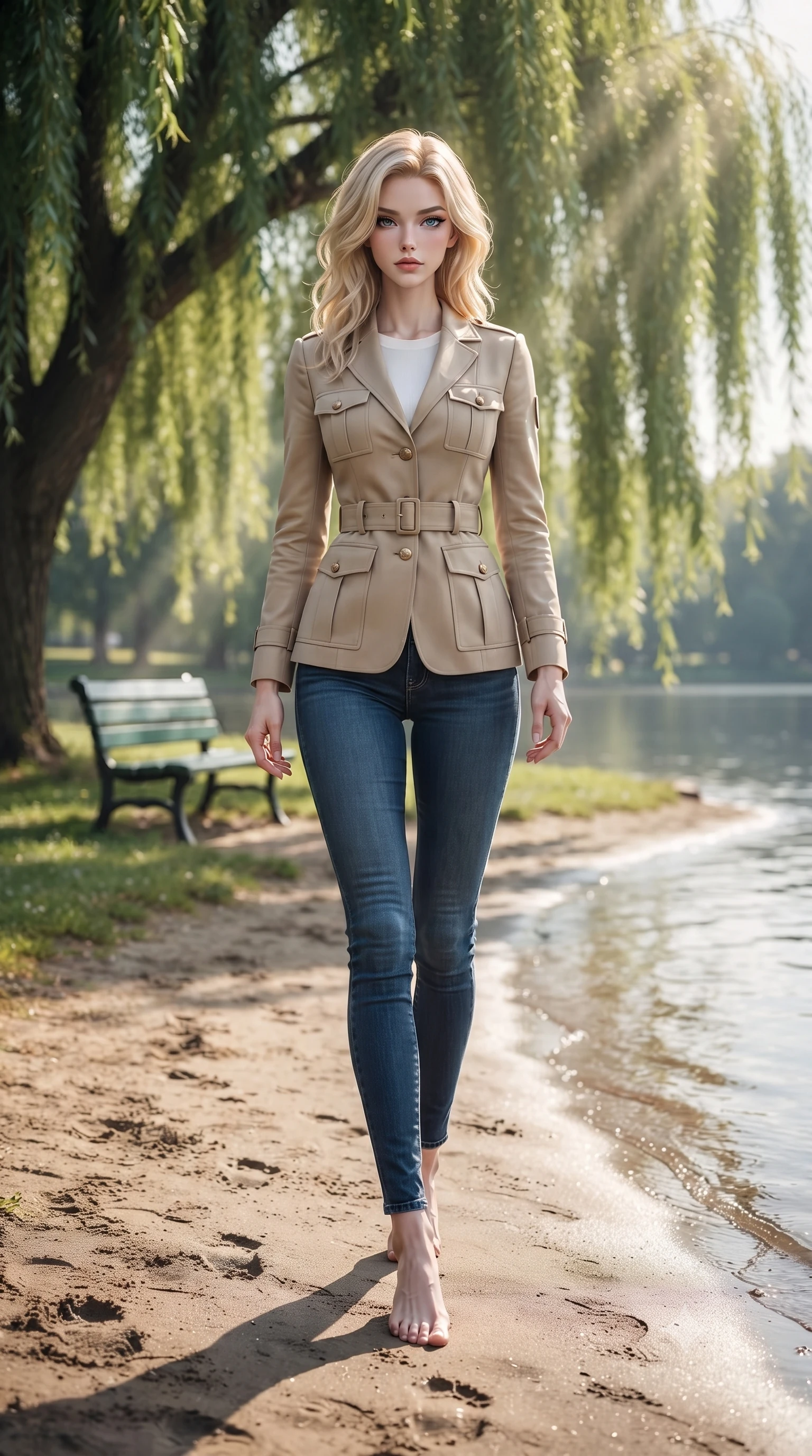 score_9, masterpiece, best quality, ultra-detailed, high-budget anime keyframe, editorial fashion photography, tasteful artistic composition, Caucasian woman woman. low angle full-body shot from head to toe showing her feet, filling the entire 9:16 vertical frame with her statuesque presence, stretching her vertical silhouette. walking slowly along the shoreline, leaving footprints in the wet sand the background shows a soft-focus a green park bench under a large weeping willow tree near a calm lake. She has an absolutely perfect, statuesque 8.5-heads proportion, an exceptionally tall and slender model-like female figure with impossibly long slender legs and an ultra-slim waist. sharp v-shaped jawline, high-bridge nose, intricate jewel-like eyes with depth, thick eyelashes, glossy lips with a natural sheen. wearing a form-contouring tailored beige safari jacket over a white crewneck top and dark blue jeans. dappled sunbeams filtering through the willow leaves onto the grass. ultra-reflective glossy finish, specular highlights, metallic sheen, high-contrast stereoscopic depth, volumetric dynamic lighting, 2k, ultra detail, master piece, 9:16 ratio