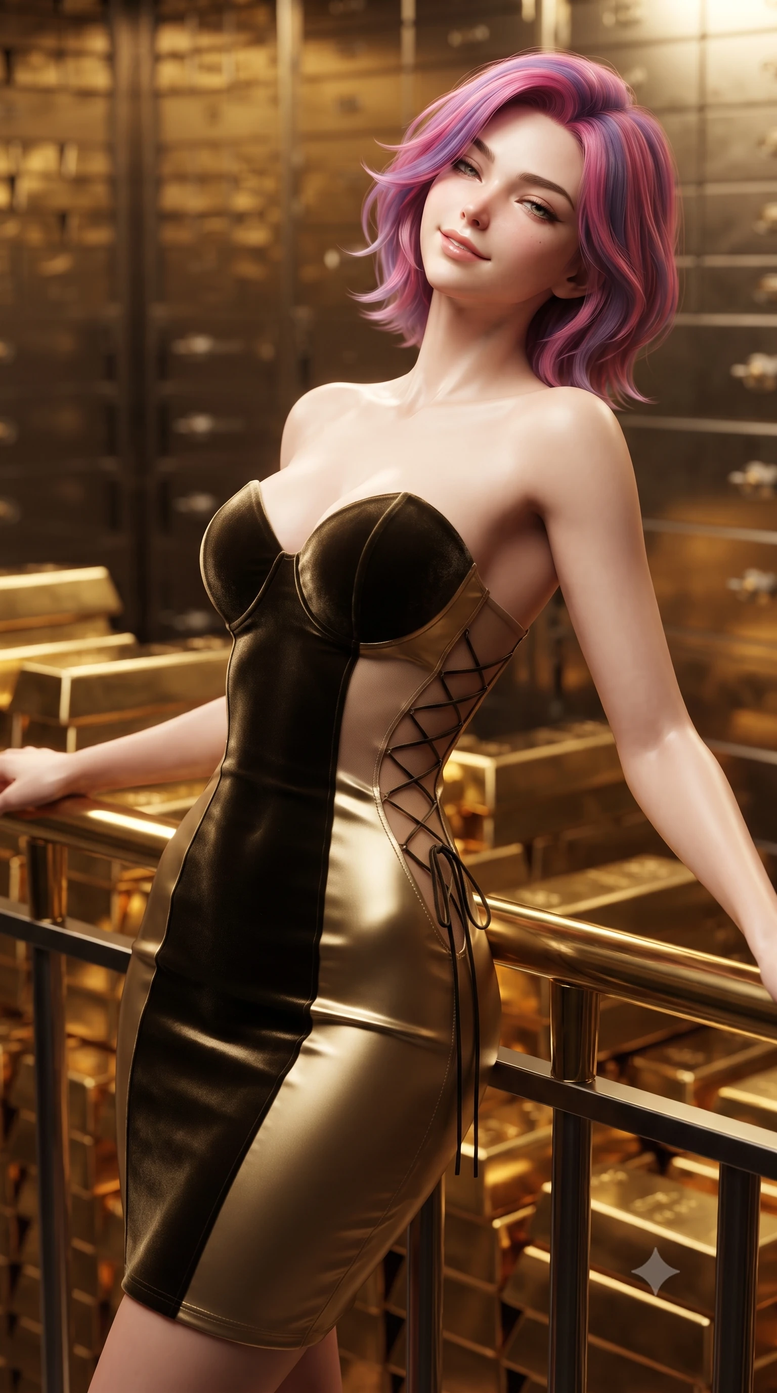 score_9, masterpiece, best quality, ultra-detailed, high-budget anime keyframe, editorial fashion photography, tasteful artistic composition, Caucasian woman. close-up cowboy shot from the waist and thighs up, the character dominates the composition, filling the frame with her large presence. leaning back against the balustrade with relaxed seductive grace, head tilted back slightly while casting a hypnotic, heavy-lidded gaze while standing poised between stacks of mirror-polished gold ingots, arching her back with breathtaking sovereign wealth glamour. The background shows a soft-focus endless walls of gleaming solid gold bars, heavy titanium vault lock bolts, and safety deposit drawers blurred into molten gold, platinum, and charcoal bokeh. She has an exceptionally elegant, slender, and willowy female figure with an ultra-slim waist, flat toned midriff, narrow ribcage, and sculpted feminine hips creating an alluring, slim hourglass silhouette without bulk. sharp v-shaped jawline, high-bridge nose, sparkling eyes with hypnotic seductive depth, thick curled eyelashes, glossy parted lips with a natural dewy peach sheen, alluring bedroom-eyes with an enchanting coquettish smile, exuding magnetic siren charisma and sophisticated glamour, flawlessly proportioned anatomical accuracy, strict slender model proportions, natural body alignment, perfectly sculpted long slender limbs, ultra-slim waistline, clean dynamic posture without body distortion. wearing a deep sweetheart-neckline velvet bodycon dress with sheer side-torso cutouts accentuating her hourglass curves in dual-tone high-contrast gold-and-black monochrome, crafted from fluid liquid silk satin that clings smoothly to every curve with a dewy sheen, featuring fine criss-cross lace-up side ties revealing tantalizing glimpses of her hip curve, the form-contouring silhouette accentuating her sculpted flat midriff, narrow delicate ribcage, and gracefully curvy hips with intoxicating allure. bathed in brilliant specular reflections bouncing from thousands of polished gold surfaces. ultra-reflective glossy finish, specular highlights, rich textural contrasts, high-contrast stereoscopic depth, volumetric dynamic lighting, 2k, ultra detail, master piece, 9:16 ratio