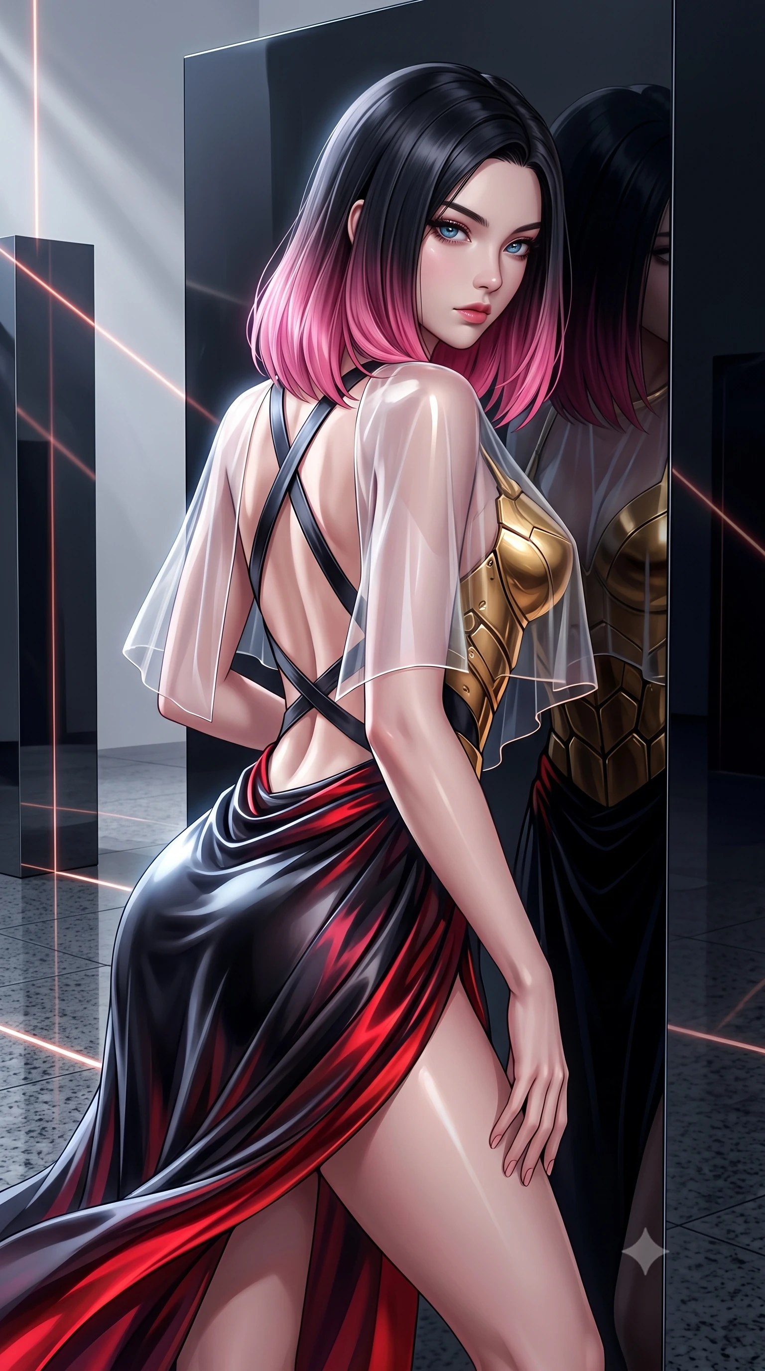 score_9, masterpiece, best quality, ultra-detailed, high-budget anime keyframe, editorial fashion photography, tasteful artistic composition, Korean woman. close-up cowboy shot from the waist and thighs up, the character dominates the composition, filling the frame with her large presence. gazing forward with divine sovereign poise, captivating jewel-like eyes shining with transcendent luminescence and alluring grace while leaning against a monolithic mirror-polished obsidian block with a haughty, captivating gaze into the lens. The surrounding environment is rendered in vivid detail and crisp panoramic clarity. sharp obsidian stone edge reflections, distinct laser beam filament shafts, and granite floor reflections in deep focus. She has an exceptionally elegant, slender, and willowy female figure with an ultra-slim waist, a gracefully sculpted slender torso, toned flat midriff, and a refined slim silhouette. sharp v-shaped jawline, high-bridge nose, intricate jewel-like eyes with depth, thick eyelashes, glossy lips with a natural sheen, flawlessly proportioned anatomical accuracy, strict slender model proportions, natural body alignment, perfectly sculpted long slender limbs, ultra-slim waistline, clean dynamic posture without body distortion. wearing an ethereal translucent cyber-veil paired with a sculpted golden mechanical cuirass and high-fashion draped silk skirt in high-gloss obsidian black and burning laser crimson accents, made of smooth flowing silk chiffon that shifts colors with movement, complemented by criss-cross back straps highlighting her completely bare spine, the liquid-tight tailored fabric emphasizing every curve of her tall, slender model proportions and sculptured silhouette during dynamic movement. illuminated by crisp directional key light with sharp specular highlights tracing her slender curves. ultra-reflective glossy finish, specular highlights, dark metallic sheen, high-contrast stereoscopic depth, volumetric dynamic lighting, 2k, ultra detail, master piece, 9:16 ratio