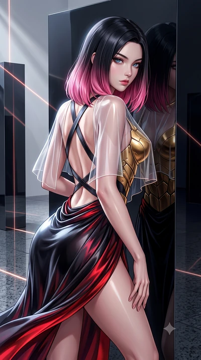 score_9, masterpiece, best quality, ultra-detailed, high-budget anime keyframe, editorial fashion photography, tasteful artistic composition, Korean woman. close-up cowboy shot from the waist and thighs up, the character dominates the composition, fi