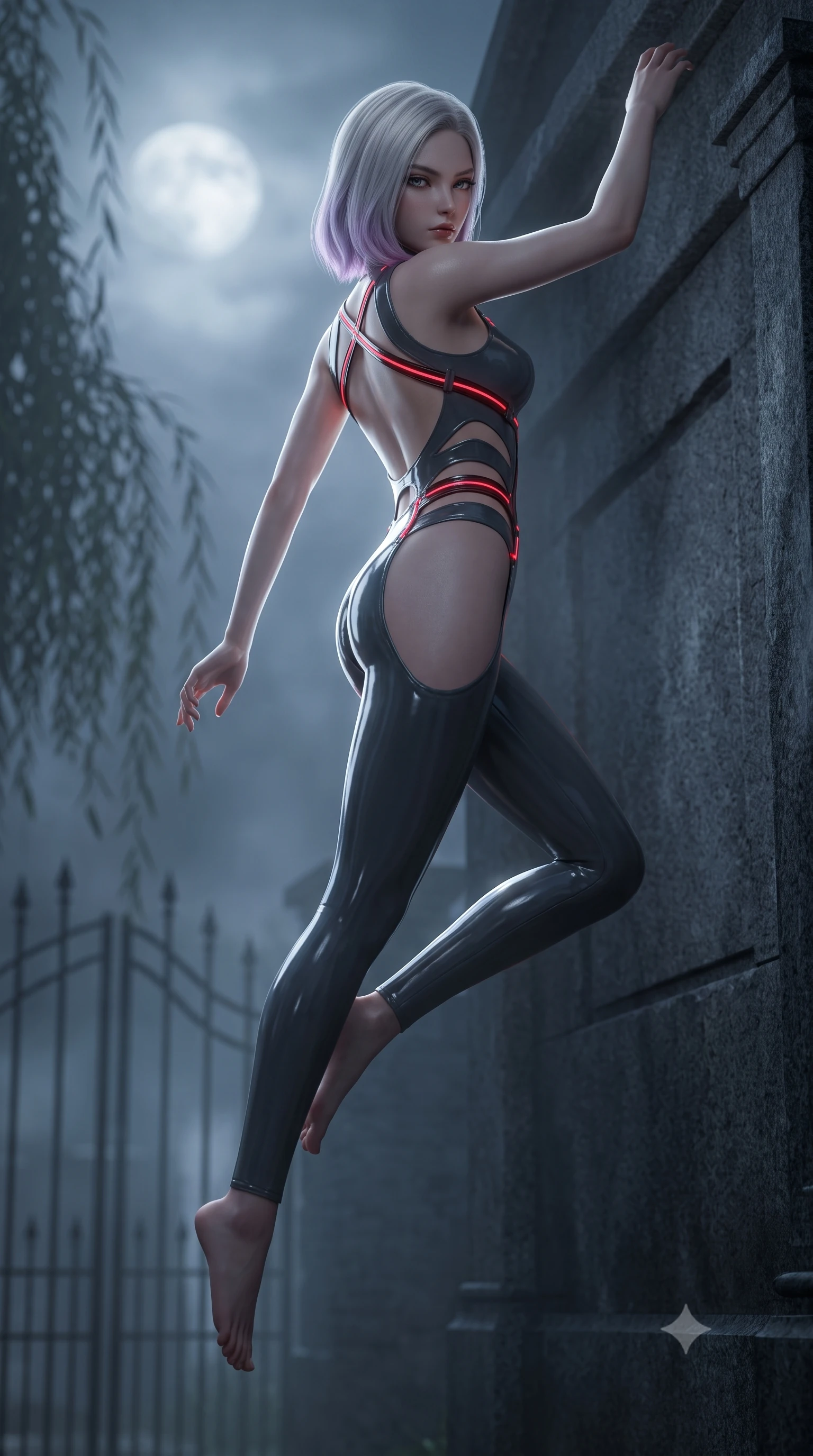 score_9, masterpiece, best quality, ultra-detailed, high-budget anime keyframe, semi-realistic 3D game render, editorial fashion photography, tasteful artistic composition, Caucasian woman. low angle full-body shot from head to toe showing her feet, filling the entire 9:16 vertical frame with her statuesque presence, stretching her vertical silhouette. performing an alluring mid-air vault with flawless poise, looking directly into the camera with smoldering, predatory intensity while stretching her slender torso in an alluring S-curve against a dark granite mausoleum wall under a hazy moon. The composition keeps background elements in soft focus with creamy bokeh. wrought-iron gate spikes and weeping willow branches softened by moody shallow depth of field. She has an absolutely perfect, statuesque 8.5-heads proportion, an exceptionally tall and slender model-like female figure with impossibly long slender legs, a toned flat midriff, and an ultra-slim waist. sharp v-shaped jawline, high-bridge nose, intricate jewel-like eyes with depth, thick eyelashes, glossy lips with a natural sheen, flawlessly proportioned anatomical accuracy, strict slender model proportions, natural body alignment, perfectly sculpted long slender limbs, ultra-slim waistline, clean dynamic posture without body distortion. wearing a skin-tight cyber-noir tech bodysuit featuring diagonal slitted cutouts on the midriff, a high-cut leg line, and a metallic chrome harness in smoky charcoal grey and glowing crimson filaments, formed from high-gloss patent material with specular chiaroscuro reflections, complemented by criss-cross back straps highlighting her completely bare spine, the precision-cut daring openings accentuating her delicate midriff, graceful bare collarbones, and ultra-slim feminine waistline. bathed in cool silver moonlight backlighting and dense misty ambient glow. rich saturated anime colors with deep moody shadows, detailed chiaroscuro shading with soft gradients, rich glossy textures, high-contrast stereoscopic depth, volumetric dynamic shadow lighting, master piece, 9:16 ratio