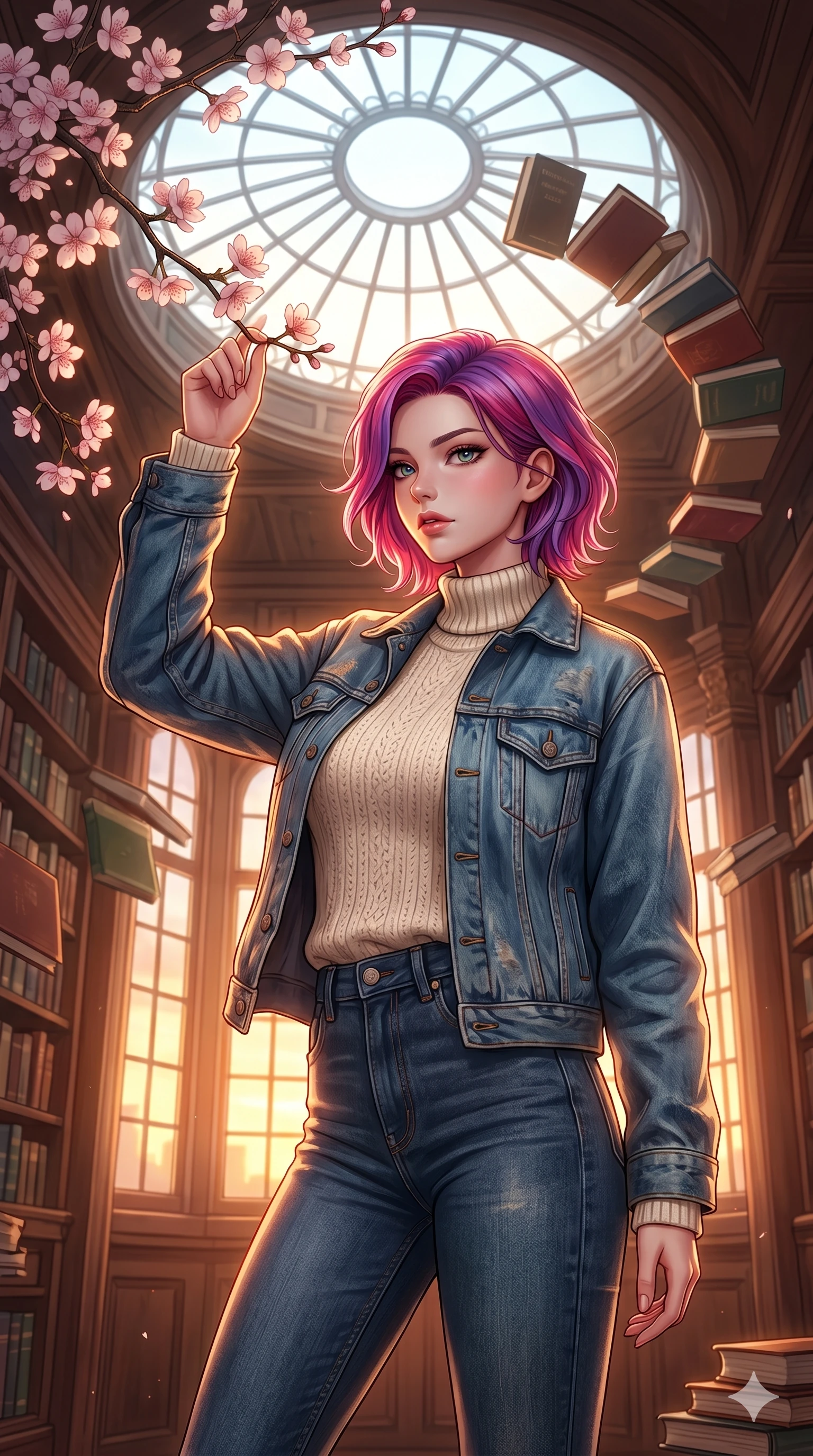 score_9, masterpiece, best quality, ultra-detailed, high-budget anime keyframe, editorial fashion photography, tasteful artistic composition, Caucasian woman, strictly human ears. cowboy shot from the thighs up, character and outfit filling the frame for maximum editorial presence. reaching up to touch a cherry blossom, looking over her shoulder with a magnetic, sultry gaze in a grand library with floating books and a large round skylight (Code-P17-057). She has an absolutely perfect 8-heads proportion, an exceptionally tall and slender female figure with impossibly long slender legs and an ultra-slim waist. V-shaped jawline, high-bridge nose, intricate jewel-like eyes with depth, thick eyelashes, glossy lips with a natural sheen. wearing a high-neck cozy knit sweater under a denim jacket. warm sunset light pouring through the windows, casting a warm glowing aura on her. 2k, ultra detail, master piece, 9:16 ratio