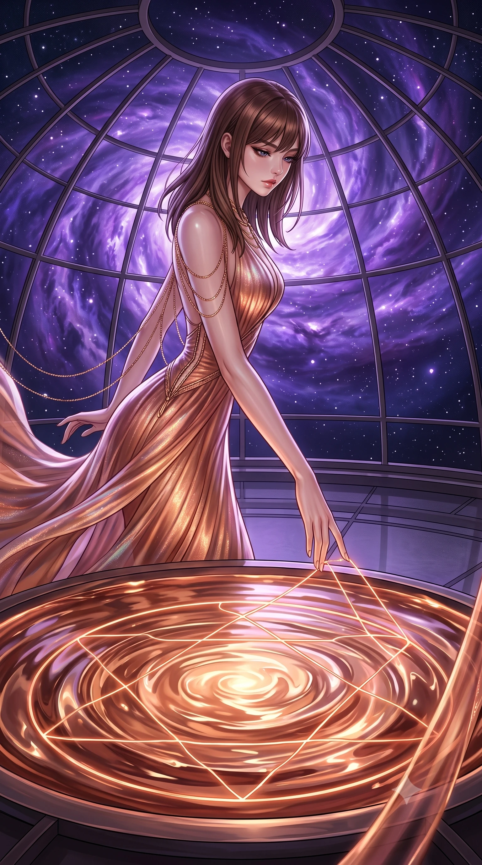 score_9, masterpiece, best quality, ultra-detailed, High-budget Anime Keyframe, East Asian woman. Dynamic full-body shot stretching the vertical silhouette to the limit. Scenario 372: tracing geometric patterns in a pool of warm liquid copper inside a high-altitude observatory dome under a swirling violet nebula. Her presence is magnetic and overpowering in this high-budget anime scene. Outfit 372: a body-hugging shimmering chiffon long with a unzipped detail and fine gold chains. The clothing is designed to emphasize her exceptionally tall and slender 8-heads proportion. 8-heads proportion, towering silhouette, ultra-slim waist. sharp v-shaped jawline, intricate jewel-like eyes with depth, thick eyelashes, glossy lips. 2k, ultra detail, master piece, 9:16 ratio