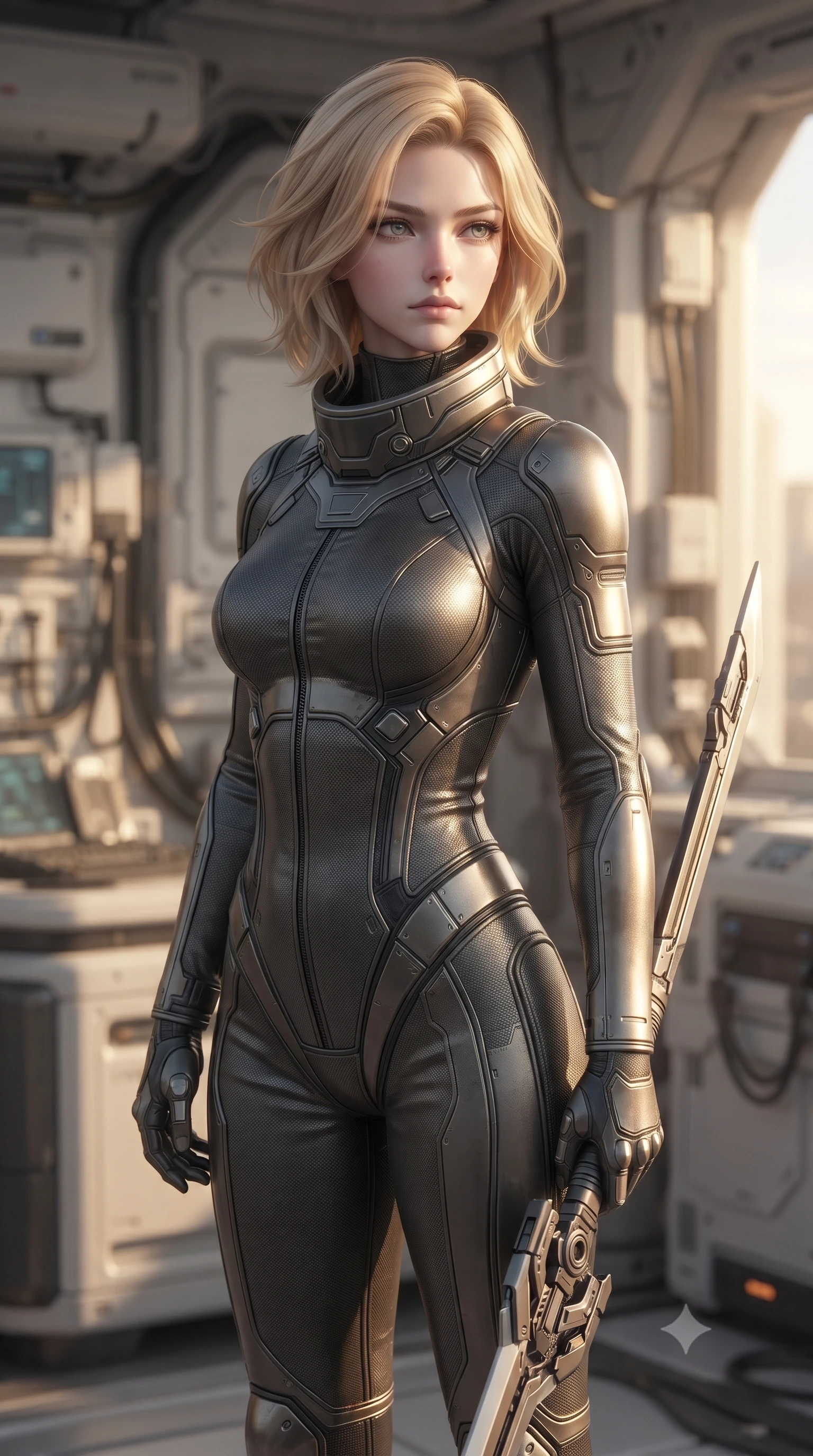 score_9, masterpiece, best quality, ultra-detailed, high-budget anime keyframe, editorial fashion photography, tasteful artistic composition, Caucasian woman. close-up cowboy shot from the waist and thighs up, the character dominates the composition, filling the frame with her large presence, background elements kept in soft focus. holding a deactivated nanotech glaive, looking past the camera with quiet, sharp focus and a composed expression, the background shows a soft-focus a private research balcony in a replicator facility at sunset. She has an exceptionally elegant, slender, and willowy female figure with an ultra-slim waist, a gracefully sculpted slender torso, and a refined silhouette. sharp v-shaped jawline, high-bridge nose, intricate jewel-like eyes with depth, thick eyelashes, glossy lips with a natural sheen. wearing a form-contouring heavy-duty hazard suit with carbon reinforcement panels, featuring a high-neck protective collar and safety boots. late afternoon sun casting a majestic golden glow over the clean composite walls. ultra-reflective glossy finish, specular highlights, metallic sheen, high-contrast stereoscopic depth, volumetric dynamic lighting, 2k, ultra detail, master piece, 9:16 ratio