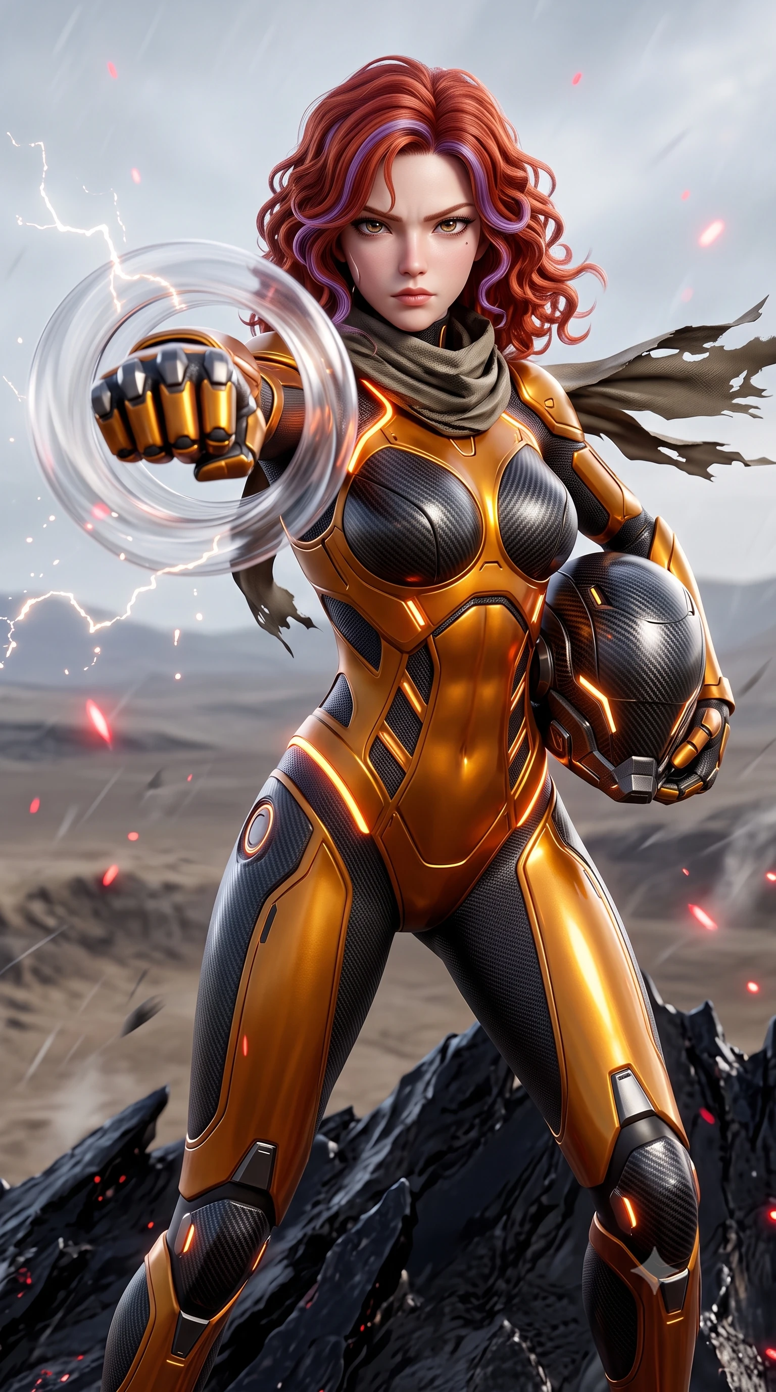 score_9, masterpiece, best quality, ultra-detailed, high-budget anime keyframe, semi-realistic 3D game render, editorial fashion photography, tasteful artistic composition, Caucasian woman. close-up cowboy shot from the waist and thighs up, the character dominates the composition, filling the frame with her large presence. thrusting a high-speed kinetic punch toward the camera, a visible conical shockwave distortion wrapping around her armored forearm while standing tall on a jagged obsidian ridge with wind tearing at her tactical scarf, silhouette dominating the desolate horizon. The composition keeps background elements in soft focus with creamy bokeh. sparkling static electricity arcs scattering glowing red light motes across a desolated wasteland backdrop. She has an exceptionally elegant, slender, and willowy female figure with an ultra-slim waist, a gracefully sculpted slender torso, toned flat midriff, and a refined slim silhouette. sharp v-shaped jawline, high-bridge nose, intricate jewel-like eyes with depth, thick eyelashes, glossy lips with a natural sheen, fierce and resolute heroine expression, flawlessly proportioned anatomical accuracy, strict slender model proportions, natural body alignment, perfectly sculpted long slender limbs, ultra-slim waistline, clean dynamic posture without body distortion. holding a modular carbon battle-helmet under one arm, her flawless face and sculpted neck exposed to the rain with determined warrior focus, paired with a form-contouring high-mobility battle-suit featuring sculpted carbon chest plating, diagonal midriff ventilation cutouts, and kinetic knee vambraces in molten amber-gold carbon cuirass with dark gunmetal weave, crafted from semi-translucent cybernetic carbon-vinyl interwoven with glowing micro-filaments, accented with glowing fiber-optic telemetry conduits tracing her collarbones and hip curves, the liquid-tight tailored fabric emphasizing every curve of her tall, slender model proportions and sculptured silhouette during dynamic movement. illuminated by crisp white key light with sharp specular highlights tracing her ultra-slim waist and long legs. rich saturated anime colors with glowing neon highlights, detailed shading with soft gradients, rich glossy textures, high-contrast stereoscopic depth, volumetric dynamic lighting, master piece, 9:16 ratio