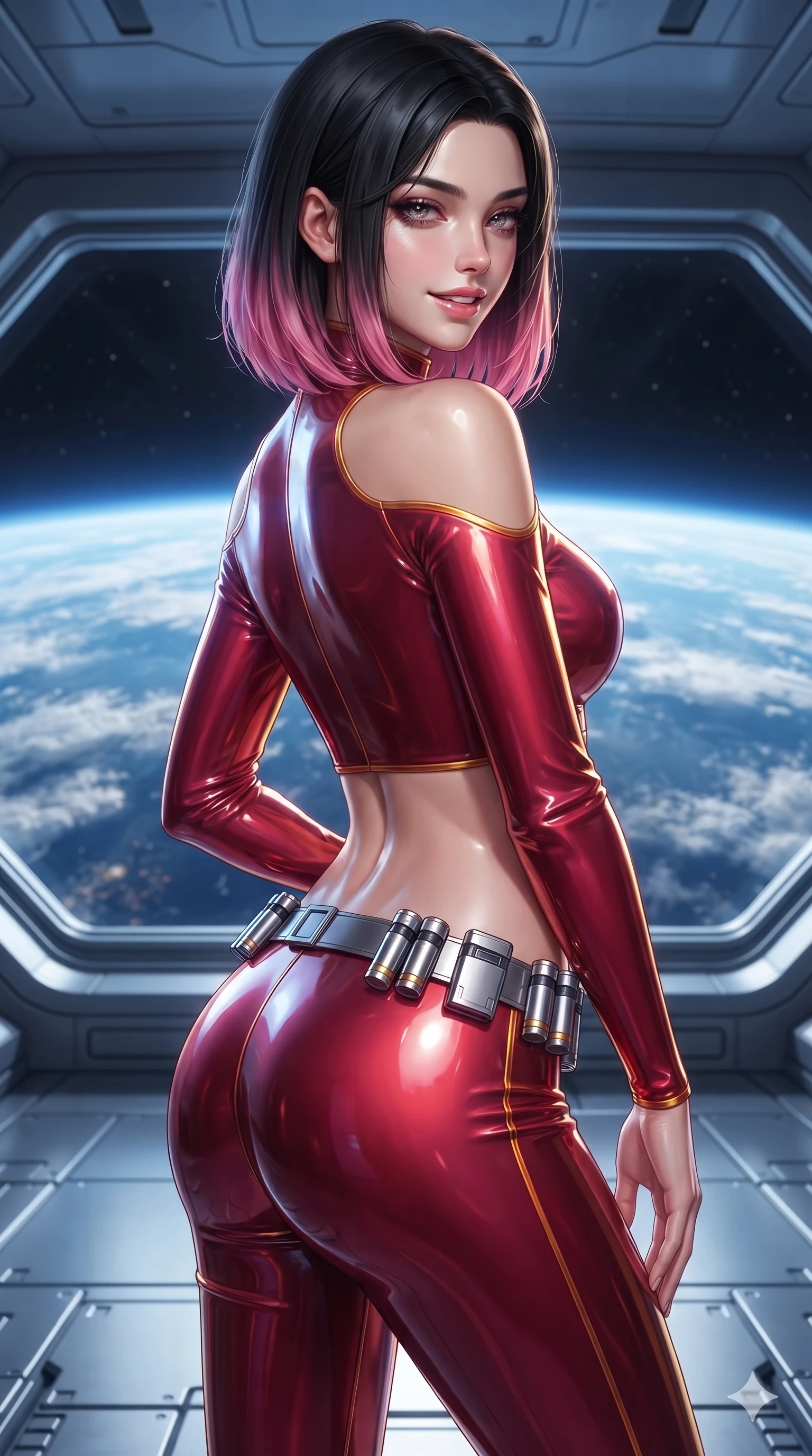 score_9, masterpiece, best quality, ultra-detailed, high-budget anime keyframe, editorial fashion photography, tasteful artistic composition, Korean woman. close-up cowboy shot from the waist and thighs up, the character dominates the composition, filling the frame with her large presence. posing in an alluring rear three-quarter angle, looking over a bare shoulder with heavy-lidded sparkling eyes, her hips cocked back to highlight her slim hourglass curve while twisting her slender torso in an alluring S-curve, brilliant blue earthlight and platinum ring reflections painting glowing highlights across her flat midriff and hourglass curves. The surrounding environment is rendered in vivid detail and crisp panoramic clarity: sharp platinum balustrade bevels, micro-welded titanium deck plates, and crisp cloud swirling details on the planet below in deep focus. She has an exceptionally elegant, slender, and willowy female figure with an ultra-slim waist, flat toned midriff, narrow ribcage, and sculpted feminine hips creating an alluring, slim hourglass silhouette without bulk. sharp v-shaped jawline, high-bridge nose, intricate jewel-like sparkling eyes with depth, thick eyelashes, glossy parted lips with a natural sheen, bright confident smile with an enchanting and coquettish sensual glint, exuding both youthful magnetic charm and sovereign high-tech allure, flawlessly proportioned anatomical accuracy, strict slender model proportions, natural body alignment, perfectly sculpted long slender limbs, ultra-slim waistline, clean dynamic posture without body distortion. wearing a sculpted liquid vinyl second-skin bodycon suit hugging every curve of her feminine hips with metallic luster in relativistic crimson and blazing accretion gold, tailored from ultra-reflective glossy liquid vinyl with mirror-like specular highlights, accented with a sleek utility belt with polished magnetic canisters resting loosely on her curvy hips, the form-fitting tactical tailoring adhering flawlessly to her sculpted flat midriff and slender torso, emphasizing her long leg lines and perfectly proportioned willowy build. illuminated by deck bounce and sharp sapphire-platinum rim lights defining her razor-sharp jawline, narrow waist, and curvy hips. ultra-reflective glossy finish, specular highlights, rich textural contrasts, high-contrast stereoscopic depth, volumetric dynamic lighting, 2k, ultra detail, master piece, 9:16 ratio