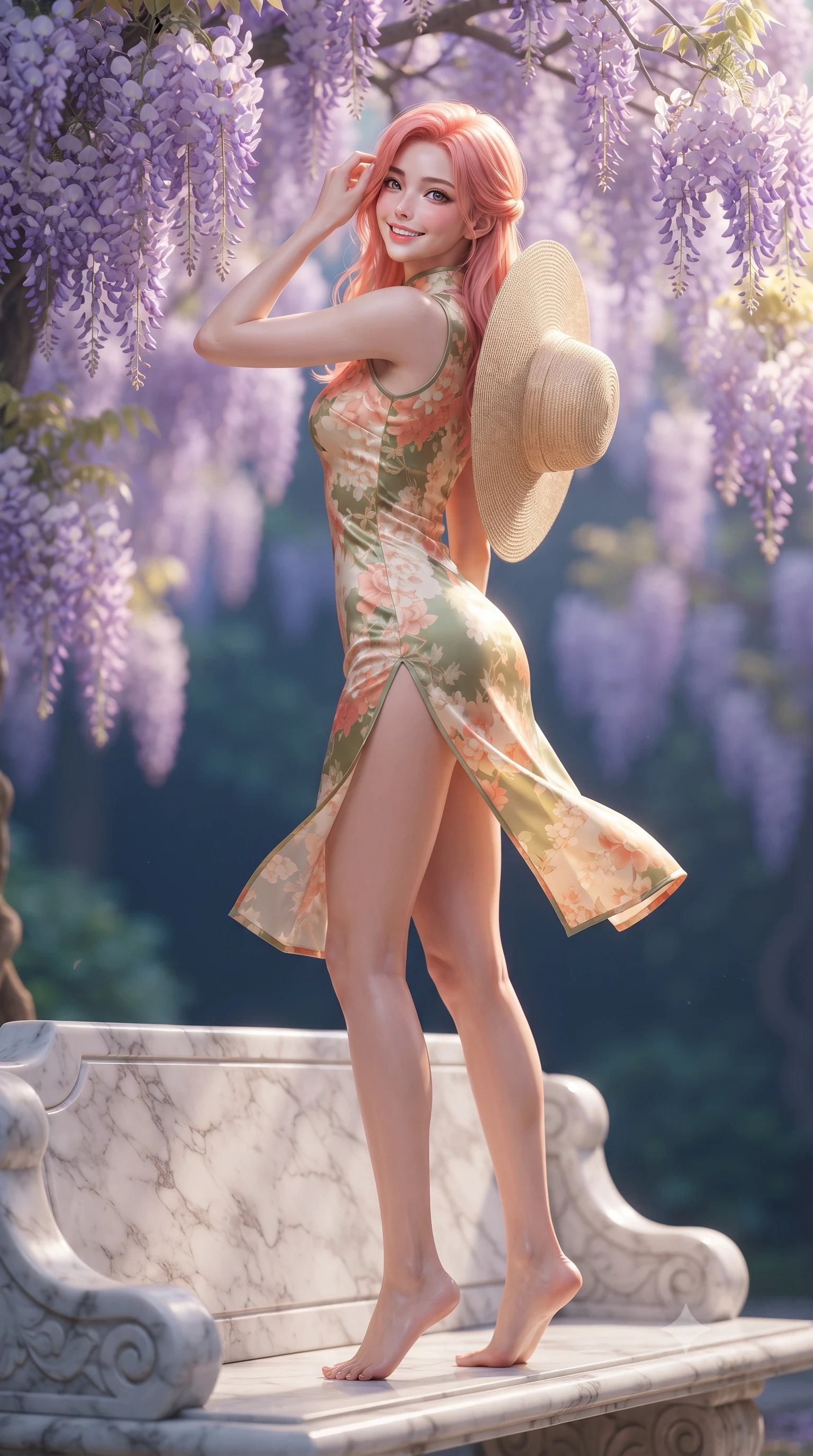 score_9, masterpiece, best quality, ultra-detailed, high-budget anime keyframe, editorial fashion photography, tasteful artistic composition, Japanese woman. low angle full-body shot from head to toe showing her feet, filling the entire 9:16 vertical frame with her statuesque presence, stretching her vertical silhouette. executing a cheerful mid-motion pivot turn as her resort dress flutters around her slender legs, glancing over her shoulder with an intoxicating, teasing bedroom-gaze while sitting perched on the carved marble bench beneath blooming purple wisteria vines, casting an enchanting, playful smile with bedroom-eyes. The composition keeps background elements in soft focus with dreamy creamy bokeh. cascading clusters of fragrant lavender wisteria blossoms softened in romantic Caprese shallow focus. She has an exceptionally tall and slender model-like 8.5-heads proportion, an ultra-slim waist, a flat toned midriff, narrow delicate ribcage, and beautifully sculpted feminine hips creating a graceful, slim hourglass silhouette without any bulky heaviness, with impossibly long slender legs. sharp v-shaped jawline, high-bridge nose, sparkling amber-hazel eyes with depth, long lush eyelashes, glossy sun-kissed lips with a warm coral glaze, radiant teasing smile with sensual sunlit bedroom-eyes, exuding effortless old-money elegance and intoxicating sun-drenched allure, flawlessly proportioned anatomical accuracy, strict slender model proportions, natural body alignment, perfectly sculpted long slender limbs, ultra-slim waistline, clean dynamic posture without body distortion. wearing a modern cute floral silk qipao mini dress with double side slits ascending to the hip in sunset peach tones in matcha olive green and warm vanilla cream, tailored from airy semi-sheer chiffon that flutters gently in the evening breeze, complemented by a wide-brim straw sunhat held casually behind her back, the high-waisted tailoring accentuating her ultra-slim waistline and the enchanting curve of her feminine hips with alluring sunlit charm. illuminated by deep blue ocean ambient fill and sharp warm-gold rim lights defining her razor-sharp jawline, narrow waist, and curvy hips. ultra-reflective glossy finish, specular highlights, rich textural contrasts, high-contrast stereoscopic depth, volumetric dynamic lighting, 2k, ultra detail, master piece, 9:16 ratio