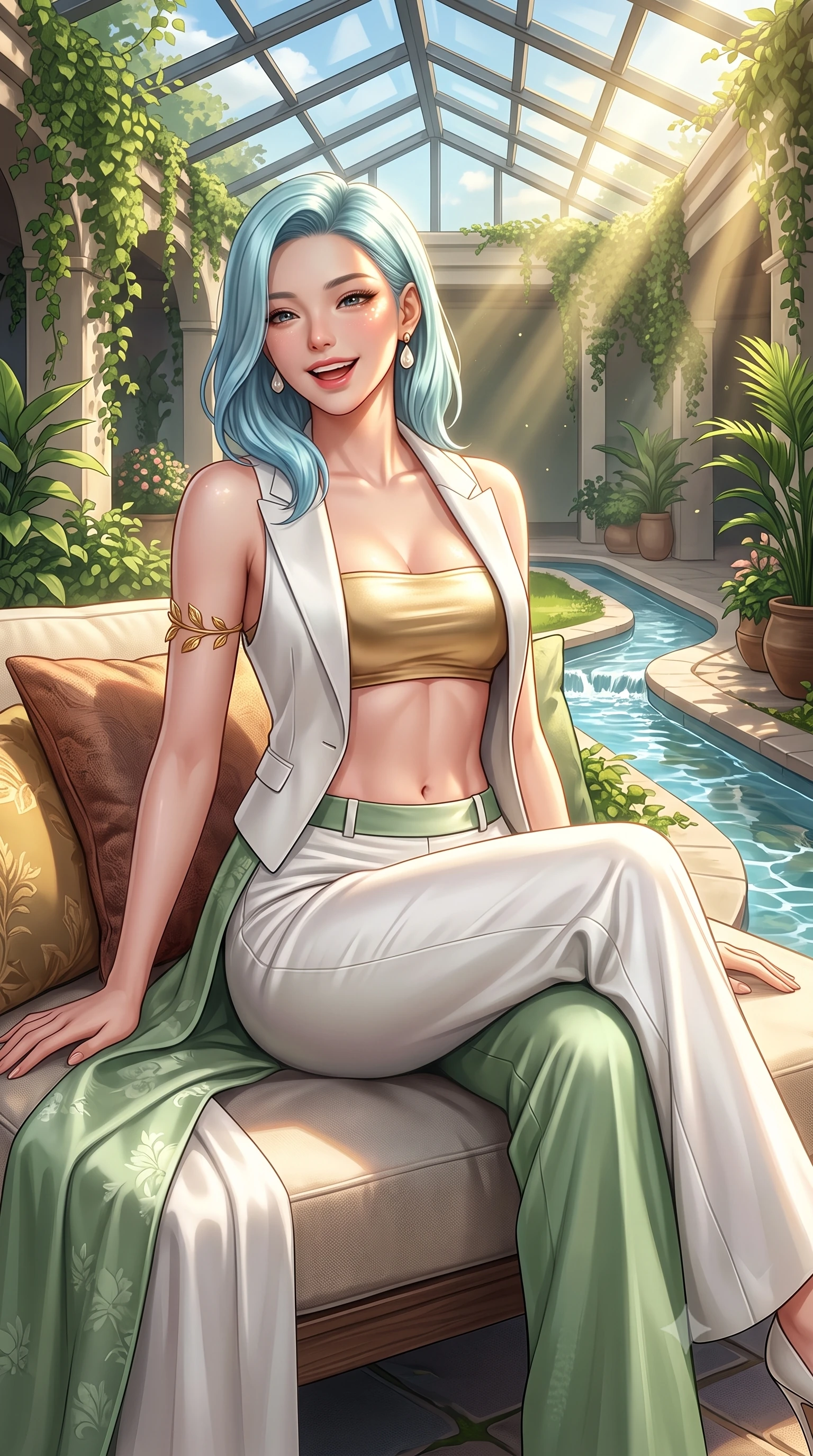 score_9, masterpiece, best quality, ultra-detailed, high-budget anime keyframe, semi-realistic 3D game render, editorial fashion photography, tasteful artistic composition, Korean woman. close-up cowboy shot from the waist and thighs up, the character dominates the composition, filling the frame with her large presence. laughing softly with enchanting, forbidden warmth, parted lips glistening as specular highlights illuminate her sculpted cheeks while reclining on the sunlit terrace with legs crossed, basking in warm golden sunbeams that illuminate her toned midriff. The surrounding environment is rendered in vivid detail and crisp panoramic clarity. detailed architectural greenery, flowing water channels, and fabric textures in crisp panoramic resolution. She has an exceptionally elegant, slender, and willowy female figure with an ultra-slim waist, a gracefully sculpted slender torso, toned flat midriff, and a refined slim silhouette. sharp v-shaped jawline, high-bridge nose, intricate jewel-like eyes with depth, thick eyelashes, glossy parted lips with a natural sheen, intensely captivating and seductive expression, flawlessly proportioned anatomical accuracy, strict slender model proportions, natural body alignment, perfectly sculpted long slender limbs, ultra-slim waistline, clean dynamic posture without body distortion. wearing a tailored white solar-fiber tuxedo vest worn open over a metallic gold bandeau top and wide slacks in pure alabaster white and fresh sage green, tailored from smooth liquid silk satin with subtle floral jacquard, complemented by a delicate golden leaf armlet and mother-of-pearl earrings, the lightweight liquid-knit fabric adhering like a second skin to her slender frame, highlighting her effortless sun-kissed charm. bathed in glorious golden hour sunlight streaming through the solar glass ceiling. highly saturated vibrant anime colors, detailed shading with soft gradients, rich glossy textures, high-contrast stereoscopic depth, volumetric dynamic lighting, master piece, 9:16 ratio