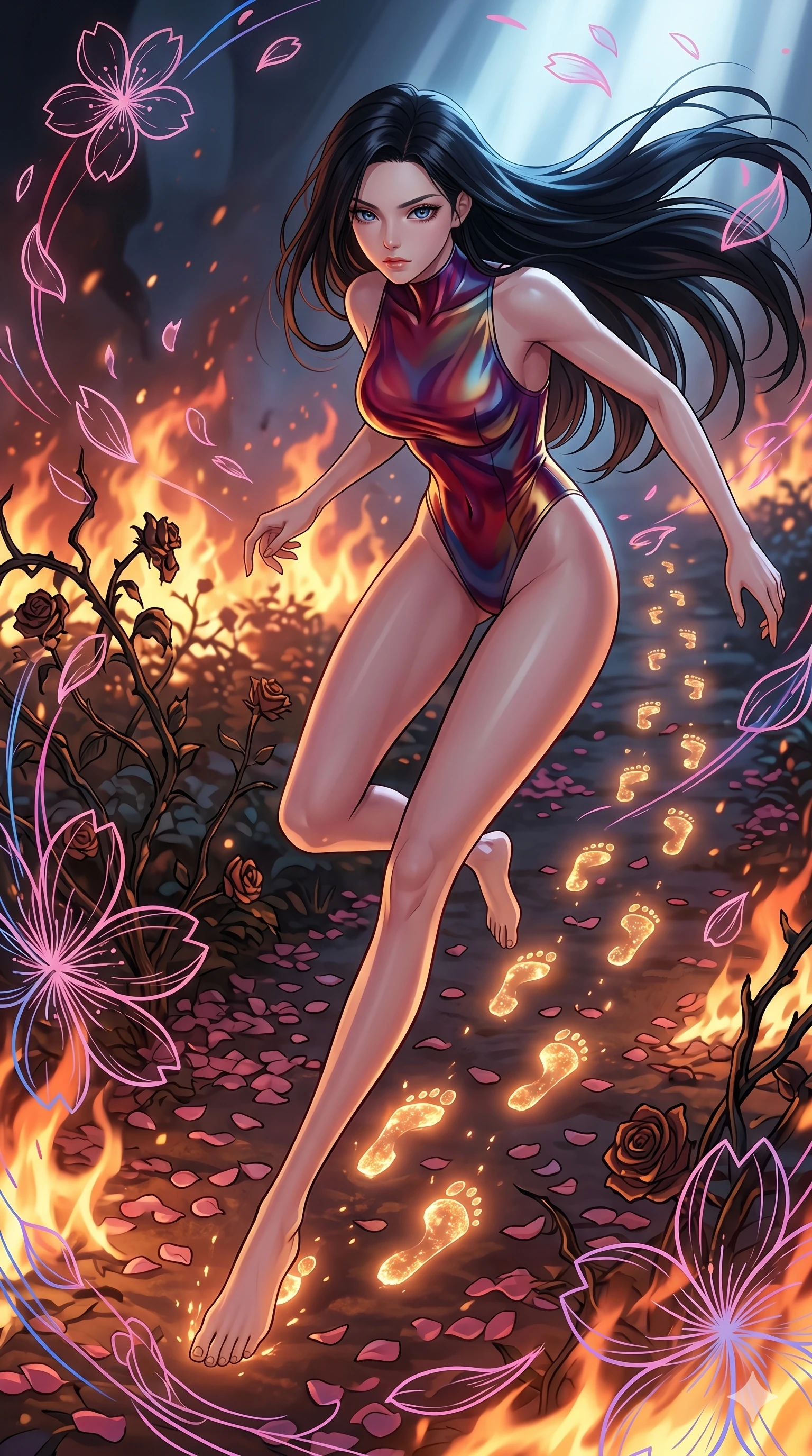 score_9, masterpiece, best quality, ultra-detailed, Set A: High-budget Anime Keyframe, Japanese woman. Upper body close-up from the thighs up, character filling the screen for maximum presence. Sliding through a burning rose garden, as she leaves a trail of 38 glowing footprints and surrounded by digital sakura petals. She has an absolutely perfect 8-heads proportion, an exceptionally tall and slender female figure with impossibly long slender legs and an ultra-slim waist. Sharp v-shaped jawline, high-bridge nose, intricate jewel-like eyes with depth, thick eyelashes, glossy lips with a natural sheen. Wearing High-cut bodysuit made of liquid-crystal fabric that changes color with movement. Cinematic lighting, vibrant colors, dramatic shadows, 2k, ultra detail, master piece, 9:16 ratio