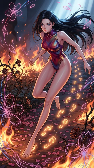 score_9, masterpiece, best quality, ultra-detailed, Set A: High-budget Anime Keyframe, Japanese woman. Upper body close-up from the thighs up, character filling the screen for maximum presence. Sliding through a burning rose garden, as she leaves a t