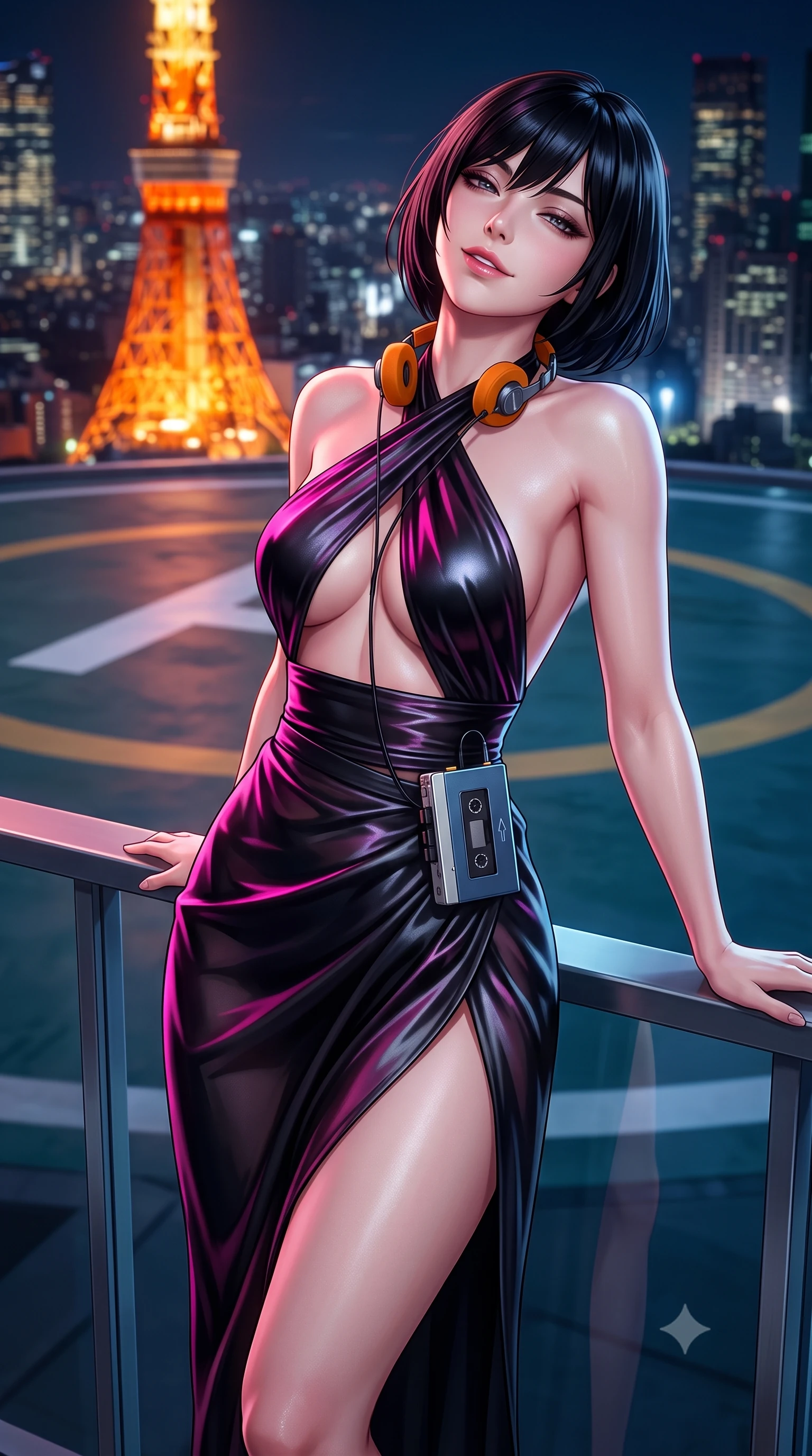 score_9, masterpiece, best quality, ultra-detailed, high-budget anime keyframe, semi-realistic 3D game render, editorial fashion photography, tasteful artistic composition, Caucasian woman. close-up cowboy shot from the waist and thighs up, the character dominates the composition, filling the frame with her large presence. leaning back against the balustrade with relaxed seductive grace, head tilted back slightly while casting a hypnotic, heavy-lidded gaze while standing tall on the giant painted rooftop helipad with hips cocked back, arching her spine with effortless supermodel poise against the red tower. The background shows a soft-focus helicopter landing circle markings softened in breezy metropolitan rooftop shallow focus. She has an exceptionally elegant, slender, and willowy female figure with an ultra-slim waist, flat toned midriff, narrow ribcage, and sculpted feminine hips creating an alluring, slim hourglass silhouette without bulk. sharp v-shaped jawline, high-bridge nose, sparkling eyes with hypnotic seductive depth, thick curled eyelashes, glossy parted lips with a natural dewy peach sheen, alluring bedroom-eyes with an enchanting coquettish smile, exuding magnetic siren charisma and sophisticated glamour, flawlessly proportioned anatomical accuracy, strict slender model proportions, natural body alignment, perfectly sculpted long slender limbs, ultra-slim waistline, clean dynamic posture without body distortion. wearing a high-waisted silk wrap sarong skirt with a hip-high slit paired with a plunging criss-cross satin halter top in wet-look onyx black with electric fuchsia reflections, made of delicate semi-sheer Korean gossamer organza with subtle pearlescent glints, complemented by a retro cassette walkman with vintage foam-padded orange headphones, the precision-cut side openings and low-back scoop framing her graceful spine and the sensual sweep of her slim, toned hips. bathed in the warm orange radiance of Tokyo Tower mixed with cool metropolitan night ambient fill. highly saturated vibrant anime colors, detailed shading with soft gradients, rich glossy textures, high-contrast stereoscopic depth, volumetric dynamic lighting, master piece, 9:16 ratio