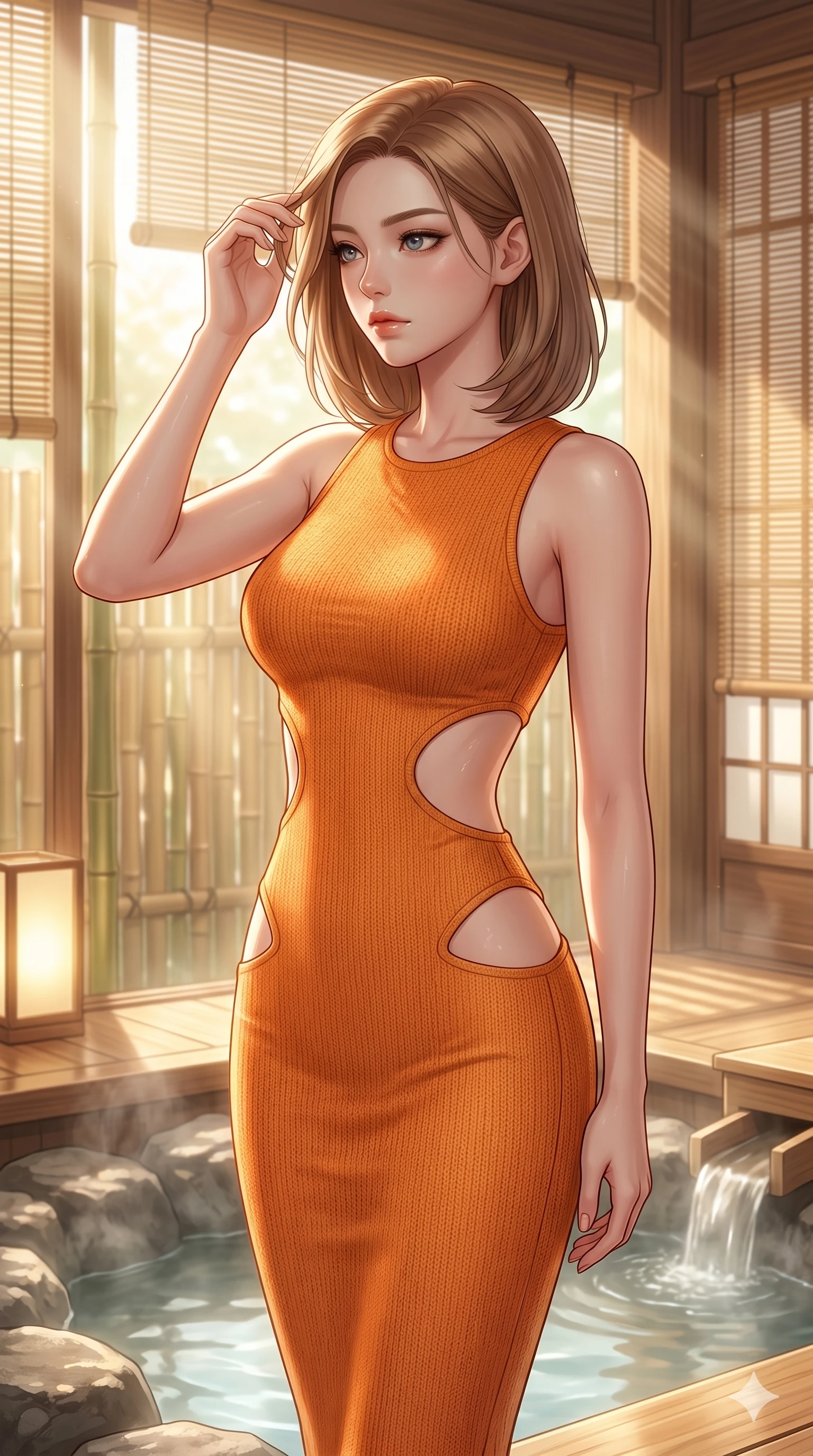 score_9, masterpiece, best quality, ultra-detailed, high-budget anime keyframe, editorial fashion photography, tasteful artistic composition, Korean woman. cowboy shot from the thighs up, character and outfit filling the frame for maximum editorial presence. wiping a lock of hair from her forehead, her expression cool and contemplative as she turns her head in a private hot spring pavilion with warm sunlight filtering through bamboo partitions (Code-P109). She has an absolutely perfect 8-heads proportion, an exceptionally tall and slender female figure with impossibly long slender legs and an ultra-slim waist. V-shaped jawline, high-bridge nose, intricate jewel-like eyes with depth, thick eyelashes, glossy lips with a natural sheen. wearing a skin-tight orange knit dress with strategic curved cutouts at the waist and hip. bathed in soft morning sunbeams flowing into the room, creating a bright, glowing atmosphere. 2k, ultra detail, master piece, 9:16 ratio