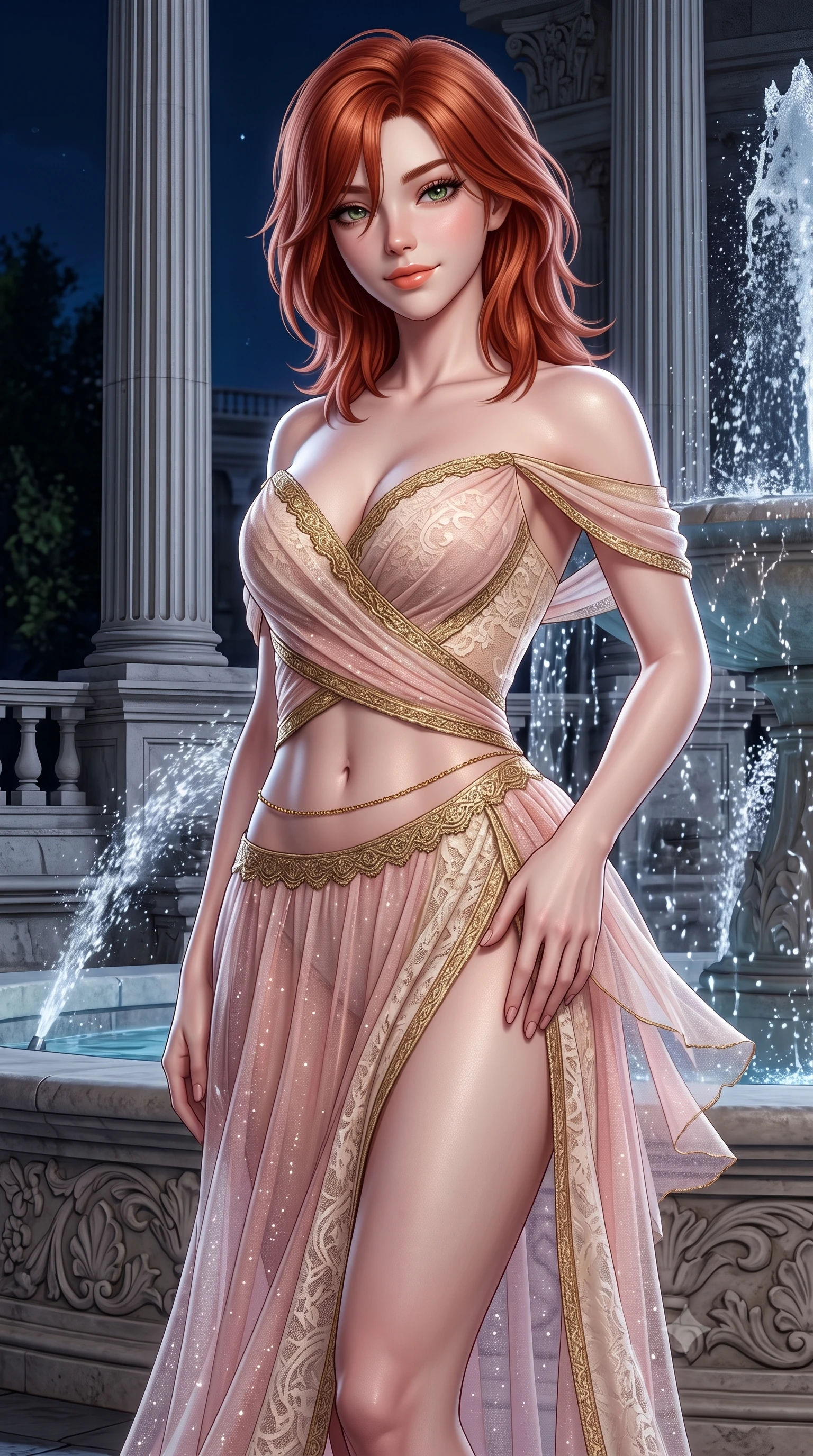 score_9, masterpiece, best quality, ultra-detailed, high-budget anime keyframe, semi-realistic 3D game render, editorial fashion photography, tasteful artistic composition, Korean woman. close-up cowboy shot from the waist and thighs up, the character dominates the composition, filling the frame with her large presence. tilting her head with a teasing half-smile, running one hand slowly down the side of her hip in a flirtatious S-curve as ambient light caresses her silhouette while twisting her slender torso in an alluring S-curve, cool night breezes fluttering her micro-tutu around her long slender legs and curvy hips. The surrounding environment is rendered in vivid detail and crisp panoramic clarity: sharp fluted limestone column texture, stone balustrade relief, and fountain water spray mist clarity in deep focus. She has an exceptionally elegant, slender, and willowy female figure with an ultra-slim waist, flat toned midriff, narrow ribcage, and sculpted feminine hips creating an alluring, slim hourglass silhouette without bulk. sharp v-shaped jawline, high-bridge nose, sparkling eyes with hypnotic seductive depth, thick curled eyelashes, glossy parted lips with a natural dewy peach sheen, alluring bedroom-eyes with an enchanting coquettish smile, exuding magnetic siren charisma and sophisticated glamour, flawlessly proportioned anatomical accuracy, strict slender model proportions, natural body alignment, perfectly sculpted long slender limbs, ultra-slim waistline, clean dynamic posture without body distortion. wearing a delicate sheer gossamer chiffon ballet wrap dress slipping off bare shoulders with a daring hip-high leg slit in blush ballerina pink and warm ivory lace with antique gold trims, woven from stretch metallic lurex jersey casting radiant starlight glints across her silhouette, accented with a dainty gold belly chain resting across her flat midriff and curving hips, the high-slit wrap tailoring accentuating her ultra-slim waistline and the enchanting curve of her feminine hips with alluring seductive charm. illuminated by fountain water caustic bounce and sharp platinum rim lights sculpting her delicate clavicles, narrow waist, and curvy hips. highly saturated vibrant anime colors, detailed shading with soft gradients, rich glossy textures, high-contrast stereoscopic depth, volumetric dynamic lighting, master piece, 9:16 ratio
