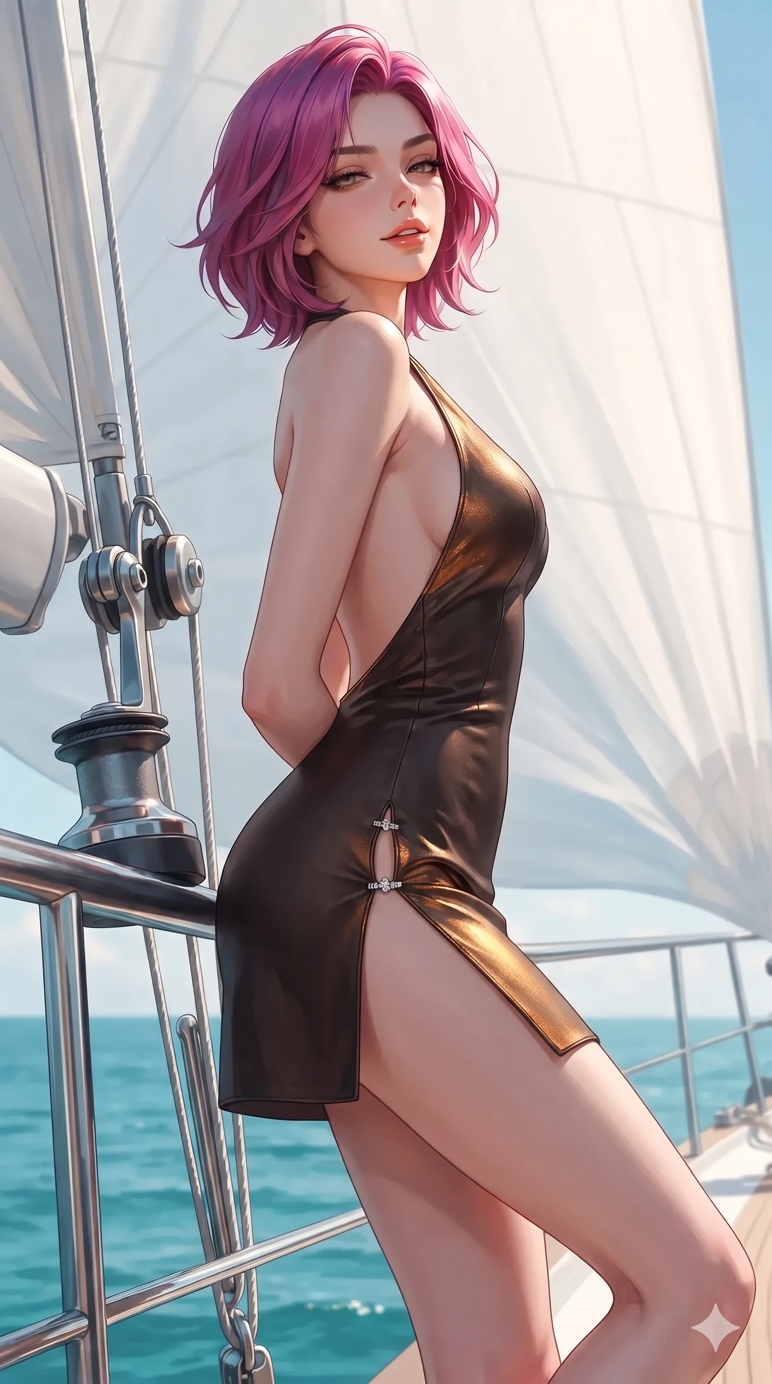 score_9, masterpiece, best quality, ultra-detailed, high-budget anime keyframe, editorial fashion photography, tasteful artistic composition, Caucasian woman. close-up cowboy shot from the waist and thighs up, the character dominates the composition, filling the frame with her large presence. leaning back against the balustrade with relaxed seductive grace, head tilted back slightly while casting a hypnotic, heavy-lidded gaze while twisting her slender torso in an alluring contrapposto stance beside the polished titanium halyard winches, billowing white spinnaker sails casting soft dynamic shadows across her curves. The background shows a soft-focus racing yacht halyard winches softened in high-seas nautical shallow focus. She has an exceptionally elegant, slender, and willowy female figure with an ultra-slim waist, flat toned midriff, narrow ribcage, and sculpted feminine hips creating an alluring, slim hourglass silhouette without bulk. sharp v-shaped jawline, high-bridge nose, sparkling eyes with hypnotic seductive depth, thick curled eyelashes, glossy parted lips with a natural dewy peach sheen, alluring bedroom-eyes with an enchanting coquettish smile, exuding magnetic siren charisma and sophisticated glamour, flawlessly proportioned anatomical accuracy, strict slender model proportions, natural body alignment, perfectly sculpted long slender limbs, ultra-slim waistline, clean dynamic posture without body distortion. wearing an alluring backless metallic lamé halterneck mini dress with deep scoop back down to her lower spine and thigh-high slit in dark espresso leather and warm amber highlights, woven from buttery-soft stretch lambskin leather adhering to her body like a second skin, finished with an ultra-high side slit secured by miniature jeweled clasps, the bespoke structured tailoring following the natural line of her 8.5-heads silhouette with refined elegance. illuminated by turquoise sea water reflection bounce and sharp golden-amber rim lights sculpting her razor-sharp jawline, narrow waist, and curvy hips. ultra-reflective glossy finish, specular highlights, rich textural contrasts, high-contrast stereoscopic depth, volumetric dynamic lighting, 2k, ultra detail, master piece, 9:16 ratio