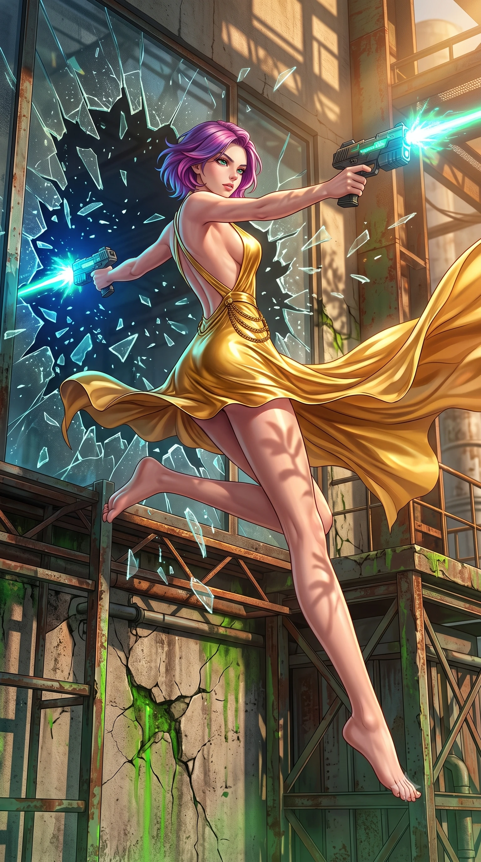 score_9, masterpiece, best quality, ultra-detailed, high-budget anime keyframe, editorial fashion photography, tasteful artistic composition, Caucasian woman, strictly human ears. low angle full-body shot from head to toe showing her feet, filling the entire 9:16 vertical frame with her statuesque presence, stretching her vertical silhouette. diving sideways through a breaking glass window while shooting her plasma blasters inside the base of a massive industrial cooling tower in the slums, with green chemical residue leaking from cracked concrete walls. She has a statuesque 8.5-heads proportion, an exceptionally tall, slender and willowy model-like build with impossibly long legs and a highly sculpted ultra-slim waist. sharp v-shaped jawline, high-bridge nose, intricate jewel-like eyes with depth, thick eyelashes, glossy lips with a natural sheen. wearing the lightweight fabric rippling and billowing dramatically with her movement, a form-contouring liquid gold mini dress with a dramatic open back and a plunging neckline, detailed with gold chains at the waist. highly saturated vibrant anime colors, intense vivid color palette, soft 3D volumetric shading, volumetric dynamic lighting, warm golden afternoon sunbeams casting soft organic leaf shadows across her skin. 2k, ultra detail, master piece, 9:16 ratio