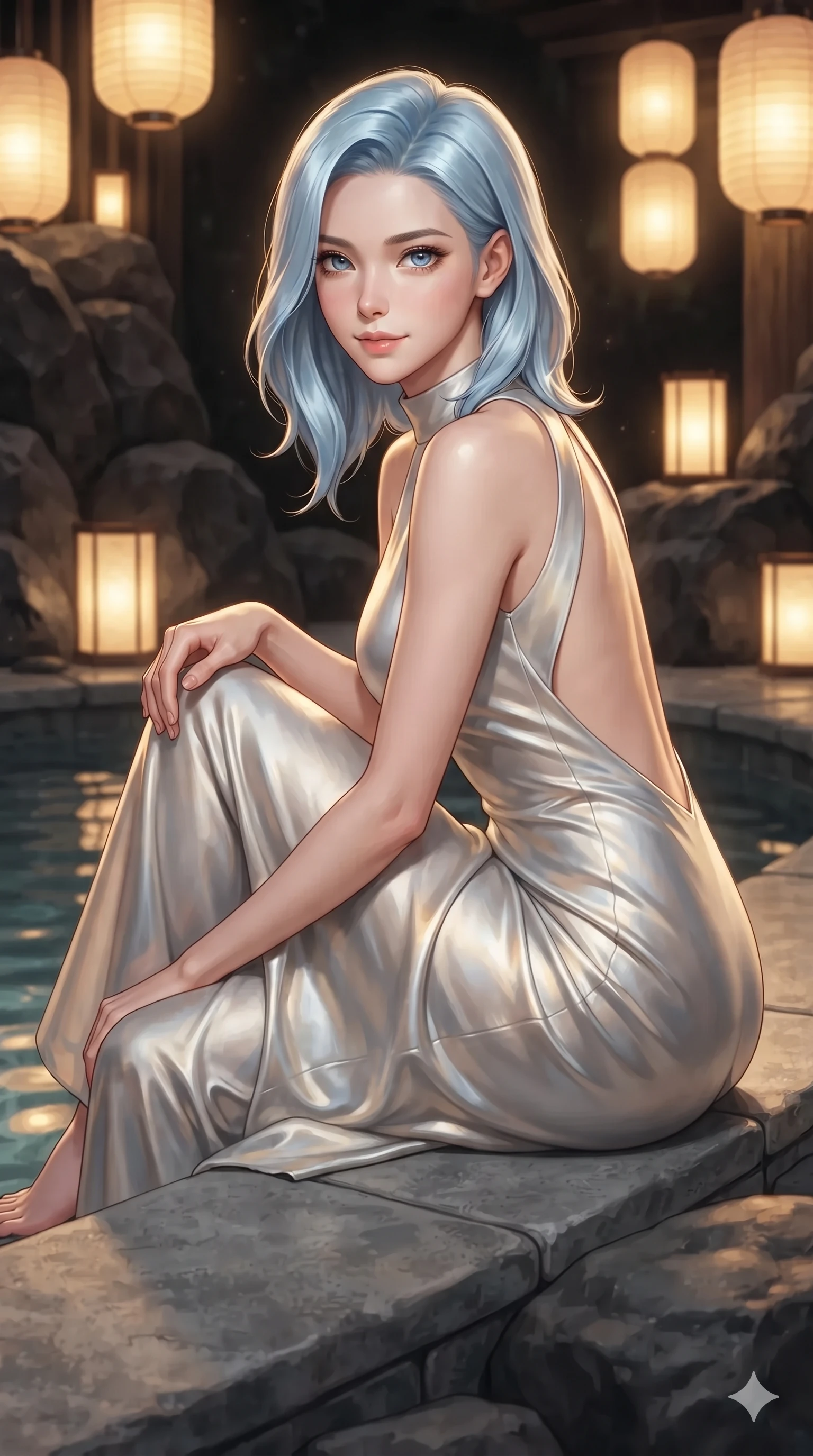 score_9, masterpiece, best quality, ultra-detailed, high-budget anime keyframe, editorial fashion photography, tasteful artistic composition, Korean woman. close-up cowboy shot from the waist and thighs up, the character dominates the composition, filling the frame with her large presence. leaning forward while arching her lower back to accentuate her curvy hips, looking into the camera with an intoxicating smoldering gaze and bedroom-eyes while sitting poised on the smooth stone pool coping with one knee bent, flashing an enchanting smile with parted glossy lips. The surrounding environment is rendered in vivid detail and crisp panoramic clarity: sharp columnar basalt geometry, textured stone carving reliefs, and crisp paper lantern crease lines in deep focus. She has an exceptionally elegant, slender, and willowy female figure with an ultra-slim waist, flat toned midriff, narrow ribcage, and sculpted feminine hips creating an alluring, slim hourglass silhouette without bulk. sharp v-shaped jawline, high-bridge nose, intricate jewel-like sparkling eyes with depth, thick eyelashes, glossy parted lips with a natural sheen, intensely captivating and seductive bedroom-eyes expression, exuding both youthful cute charm and sovereign luxury allure, flawlessly proportioned anatomical accuracy, strict slender model proportions, natural body alignment, perfectly sculpted long slender limbs, ultra-slim waistline, clean dynamic posture without body distortion. wearing a liquid-silk jersey evening gown with an ultra-deep plunging open back descending to the base of her spine and a sculpted hip-hugging skirt in shimmering silver mercury and pearl white, tailored from high-gloss patent leather with mirror-like specular highlights, featuring an open-back criss-cross harness strap in dark leather, the bespoke structured tailoring following the natural line of her 8.5-heads silhouette with refined elegance. bathed in the rich, intimate 2400K golden radiance of floating washi paper lanterns and underwater pool glow. ultra-reflective glossy finish, specular highlights, rich textural contrasts, high-contrast stereoscopic depth, volumetric dynamic lighting, 2k, ultra detail, master piece, 9:16 ratio