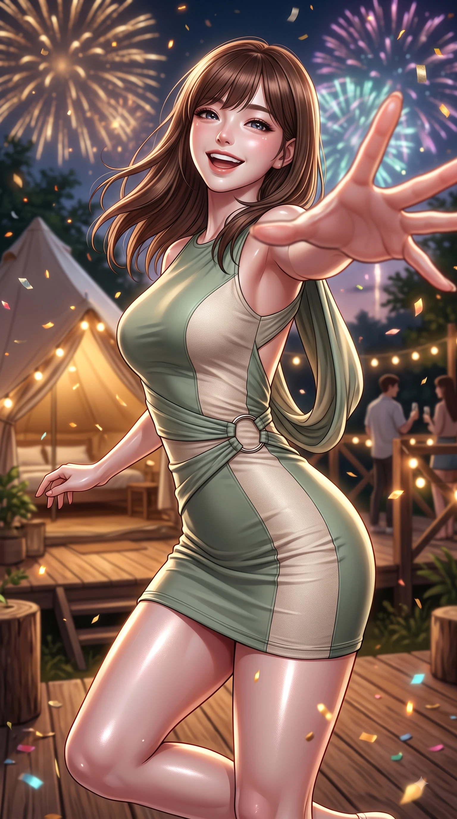 score_9, masterpiece, best quality, ultra-detailed, high-budget anime keyframe, editorial fashion photography, tasteful artistic composition, Korean woman. close-up cowboy shot from the waist and thighs up, the character dominates the composition, filling the frame with her large presence, background elements kept in soft focus. Tilting her chin up with a beaming smile of pure delight while balancing dynamically amidst the scene while reaching her hand toward the camera while dancing on a wooden glamping terrace, sparkling confetti and golden embers drifting around her dynamic silhouette. She has an exceptionally elegant, slender, and willowy female figure with an ultra-slim waist, a gracefully sculpted slender torso, and a refined silhouette. sharp v-shaped jawline, high-bridge nose, intricate jewel-like eyes with depth, thick eyelashes, glossy lips with a natural sheen, flawlessly proportioned anatomical accuracy, natural body alignment, perfectly sculpted elegant limbs, clean dynamic posture without body distortion. wearing a precision-fitted liquid jersey bodycon dress with a graceful draped back in sage green and oatmeal, formed from sleek second-skin neoprene, accented with delicate chrome ring hardware framing her waist, the sleek second-skin texture accentuating her magnetic presence. bathed in festive firework explosions and warm amber fairy light radiance. ultra-reflective glossy finish, specular highlights, metallic sheen, high-contrast stereoscopic depth, volumetric dynamic lighting, 2k, ultra detail, master piece, 9:16 ratio
