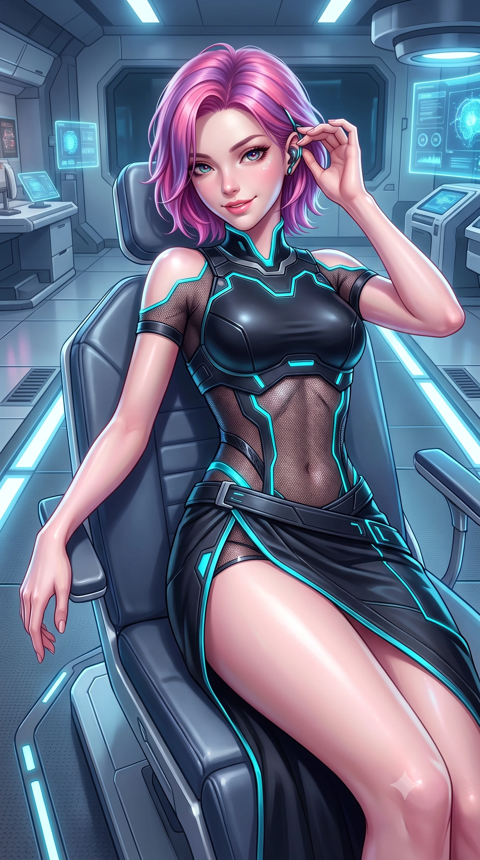 score_9, masterpiece, best quality, ultra-detailed, high-budget anime keyframe, semi-realistic 3D game render, editorial fashion photography, tasteful artistic composition, Caucasian woman. close-up cowboy shot from the waist and thighs up, the character dominates the composition, filling the frame with her large presence. tilting her head with a captivating smile while arching her spine with dancer poise, one hand adjusting her ear comm-link in a flirtatious S-curve while lounging gracefully on an ergonomic anti-gravity examination recliner, her long slender limbs and hourglass curves radiating high-tech allure. The surrounding environment is rendered in vivid detail and crisp panoramic clarity: detailed nano-mesh catsuit weave, synaptic glow reflections on skin, and futuristic research facility architecture in high resolution. She has an exceptionally elegant, slender, and willowy female figure with an ultra-slim waist, flat toned midriff, narrow ribcage, and sculpted feminine hips creating an alluring, slim hourglass silhouette without bulk. sharp v-shaped jawline, high-bridge nose, intricate jewel-like sparkling eyes with depth, thick eyelashes, glossy parted lips with a natural sheen, bright confident smile with an enchanting and coquettish sensual glint, exuding both youthful magnetic charm and sovereign high-tech allure, flawlessly proportioned anatomical accuracy, strict slender model proportions, natural body alignment, perfectly sculpted long slender limbs, ultra-slim waistline, clean dynamic posture without body distortion. wearing a cyber-samurai tactical suit featuring a shortened carbon chestplate and high-slit armored wrap skirt in matte obsidian black and glowing neon cyan trim, crafted from sheer technical cyber-lace reinforced with ultra-thin Kevlar threads, finished with delicate carbon-fiber boning framing the narrow waistline, the form-fitting tactical tailoring adhering flawlessly to her sculpted flat midriff and slender torso, emphasizing her long leg lines and perfectly proportioned willowy build. illuminated by floor light strips and sharp icy-platinum rim lights defining her sculpted collarbones, ultra-slim waist, and curvy hips. highly saturated vibrant anime colors, detailed shading with soft gradients, rich glossy textures, high-contrast stereoscopic depth, volumetric dynamic lighting, master piece, 9:16 ratio