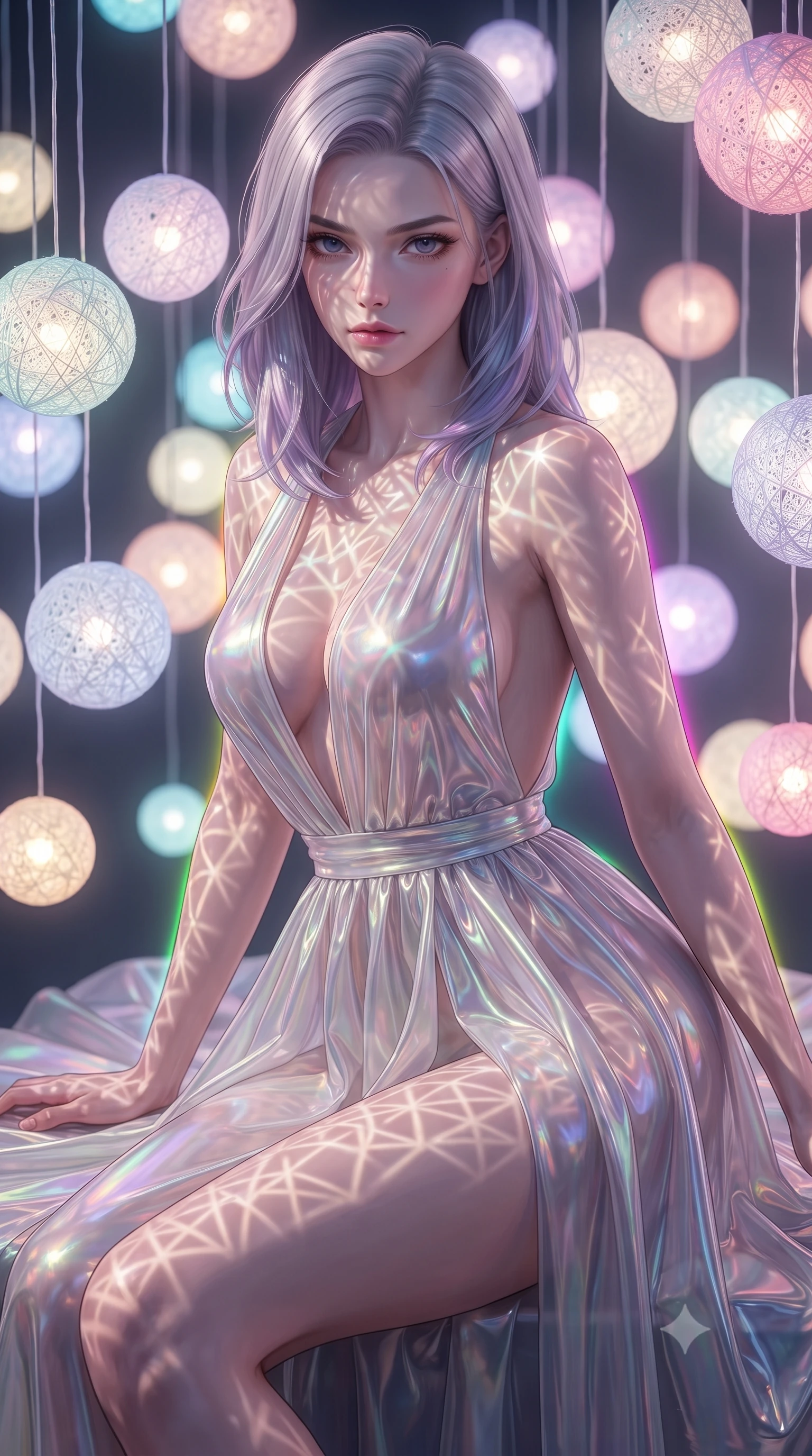 score_9, masterpiece, best quality, ultra-detailed, high-budget anime keyframe, editorial fashion photography, tasteful artistic composition, Caucasian woman. close-up cowboy shot from the waist and thighs up, the character dominates the composition, filling the frame with her large presence, background elements kept in soft focus. Leaning slightly forward with a composed, seductive gaze under soft glowing light resting amidst suspended illuminated yarn spheres glowing with pastel tones, intricate geometric lattice patterns of light projected onto her skin. She has an exceptionally elegant, slender, and willowy female figure with an ultra-slim waist, a gracefully sculpted slender torso, and a refined silhouette. sharp v-shaped jawline, high-bridge nose, intricate jewel-like eyes with depth, thick eyelashes, glossy lips with a natural sheen. wearing a translucent iridescent chiffon gown with a dramatic plunging neckline and open back, the form-contouring material highlighting her ultra-slim waist and long lines. surrounded by a vibrant fluorescent aura with bright rim highlights. ultra-reflective glossy finish, specular highlights, metallic sheen, high-contrast stereoscopic depth, volumetric dynamic lighting, 2k, ultra detail, master piece, 9:16 ratio