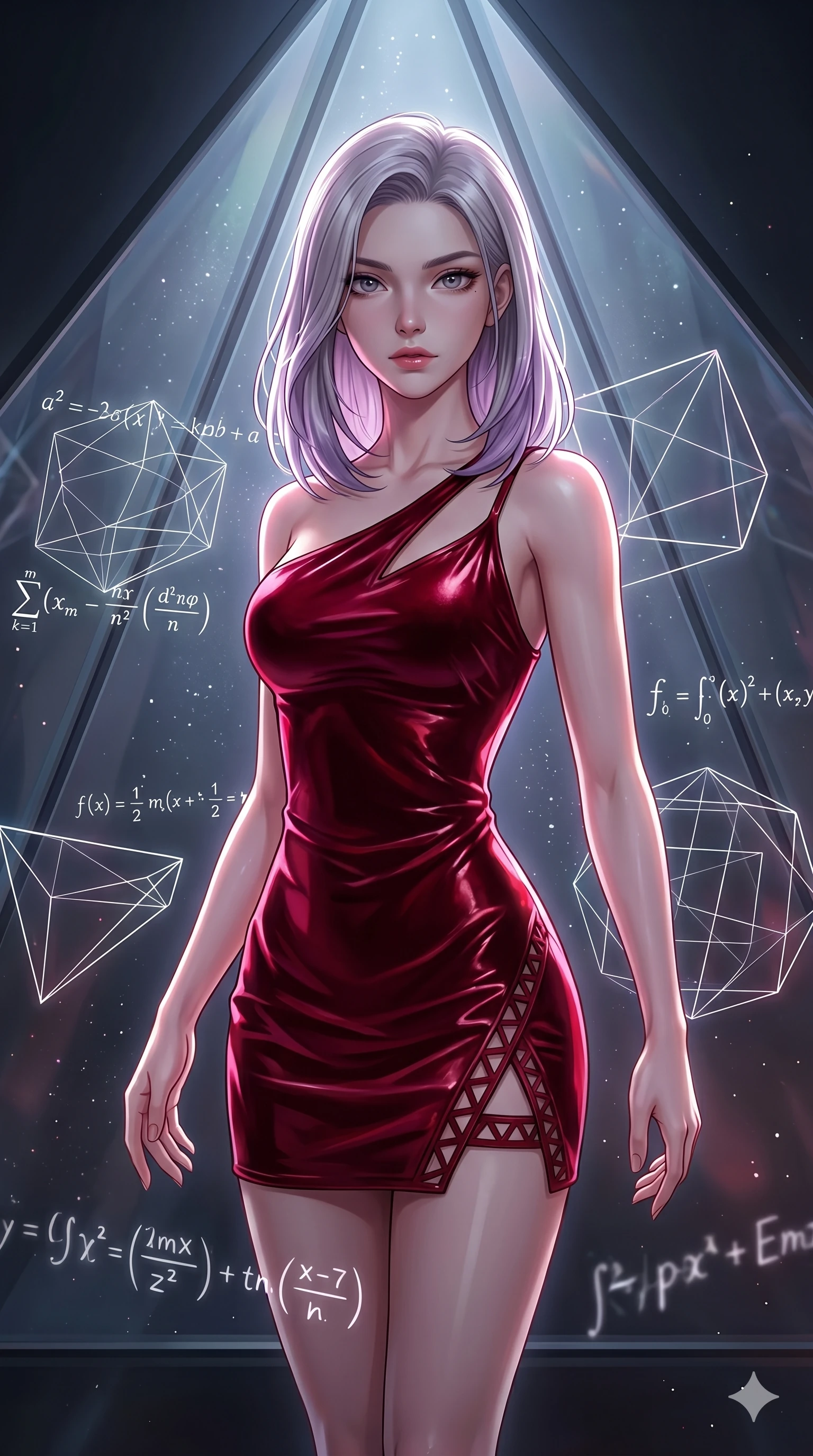 score_9, masterpiece, best quality, ultra-detailed, high-budget anime keyframe, editorial fashion photography, tasteful artistic composition, Caucasian woman, strictly human ears. upper body close-up from the thighs up, character filling the screen for maximum presence. swirling in a vortex of inside a geometric glass pyramid surrounded by floating mathematical equations while floating geometrical wireframes rotate and pulse in synch. She has an absolutely perfect 8-heads proportion, an exceptionally tall and slender female figure with impossibly long slender legs and an ultra-slim waist. V-shaped jawline, high-bridge nose, intricate jewel-like eyes with depth, thick eyelashes, glossy lips with a natural sheen.. wearing an asymmetric liquid velvet slip dress, featuring a wet-look deep crimson red velvet one-shoulder mini slip with asymmetric geometric cutout trim. illuminated by dramatic chiaroscuro casting soft shadows along her curves, with vibrant backlighting highlighting the dust particles. 2k, ultra detail, master piece, 9:16 ratio