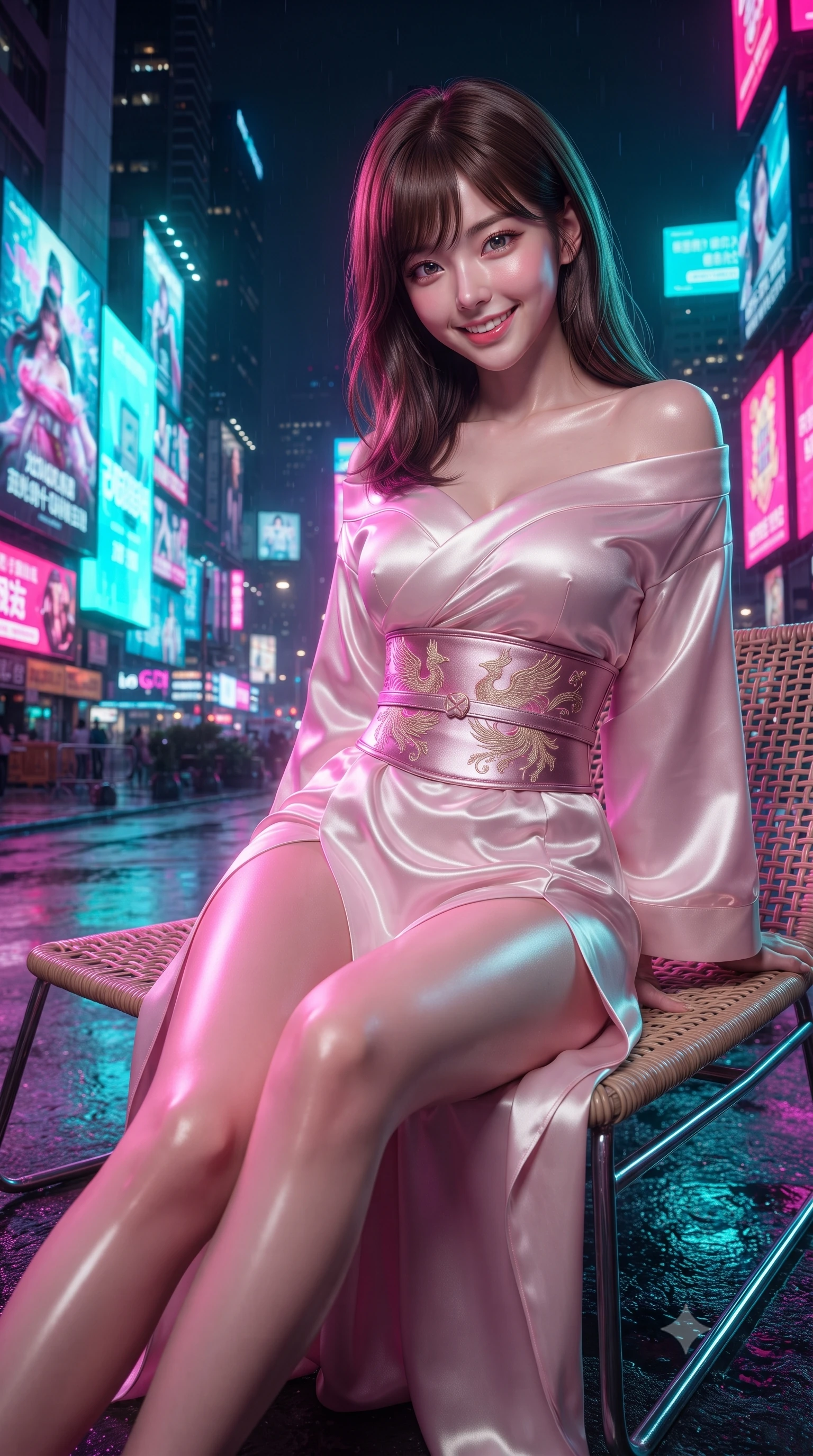 score_9, masterpiece, best quality, ultra-detailed, high-budget anime keyframe, editorial fashion photography, tasteful artistic composition, Korean woman. close-up cowboy shot from the waist and thighs up, the character dominates the composition, filling the frame with her large presence. resting both hands lightly behind her back while leaning toward the lens with a cheerful, teasing grin, her form-fitting fusion dress hugging her narrow waist and hip curve while lounging in a modernist low rattan lounge with legs extended, her high-slit modern fusion gown glowing under colossal skyscraper billboards. The surrounding environment is rendered in vivid detail and crisp panoramic clarity: detailed silk dress drape, neon specular reflections on skin, and dense Asian megacity architecture in high resolution. She has an exceptionally elegant, slender, and willowy female figure with an ultra-slim waist, flat toned midriff, narrow ribcage, and sculpted feminine hips creating an alluring, slim hourglass silhouette without bulk. sharp v-shaped jawline, high-bridge nose, intricate jewel-like dark sparkling almond eyes with depth, thick lashes, glossy parted lips with a natural rose-plum sheen, bright alluring and coquettish smile with bedroom-eyes, exuding both timeless oriental elegance and sovereign high-fashion allure, flawlessly proportioned anatomical accuracy, strict slender model proportions, natural body alignment, perfectly sculpted long slender limbs, ultra-slim waistline, clean dynamic posture without body distortion. wearing an asymmetric off-shoulder cyber-kimono mini dress with a wide metallic obi corset belt accentuating her narrow waist in soft cherry blossom pink and pearlescent ivory, crafted from heavy fluid silk satin with a liquid mirror-like sheen, finished with a wide metallic obi sash with intricate embroidered phoenix motifs, the form-contouring cut accentuating her sculpted flat midriff, narrow delicate ribcage, and gracefully curvy hips with regal oriental supermodel elegance. bathed in intense, high-contrast neon magenta and electric turquoise underlights bouncing off wet surfaces. ultra-reflective glossy finish, specular highlights, rich textural contrasts, high-contrast stereoscopic depth, volumetric dynamic lighting, 2k, ultra detail, master piece, 9:16 ratio