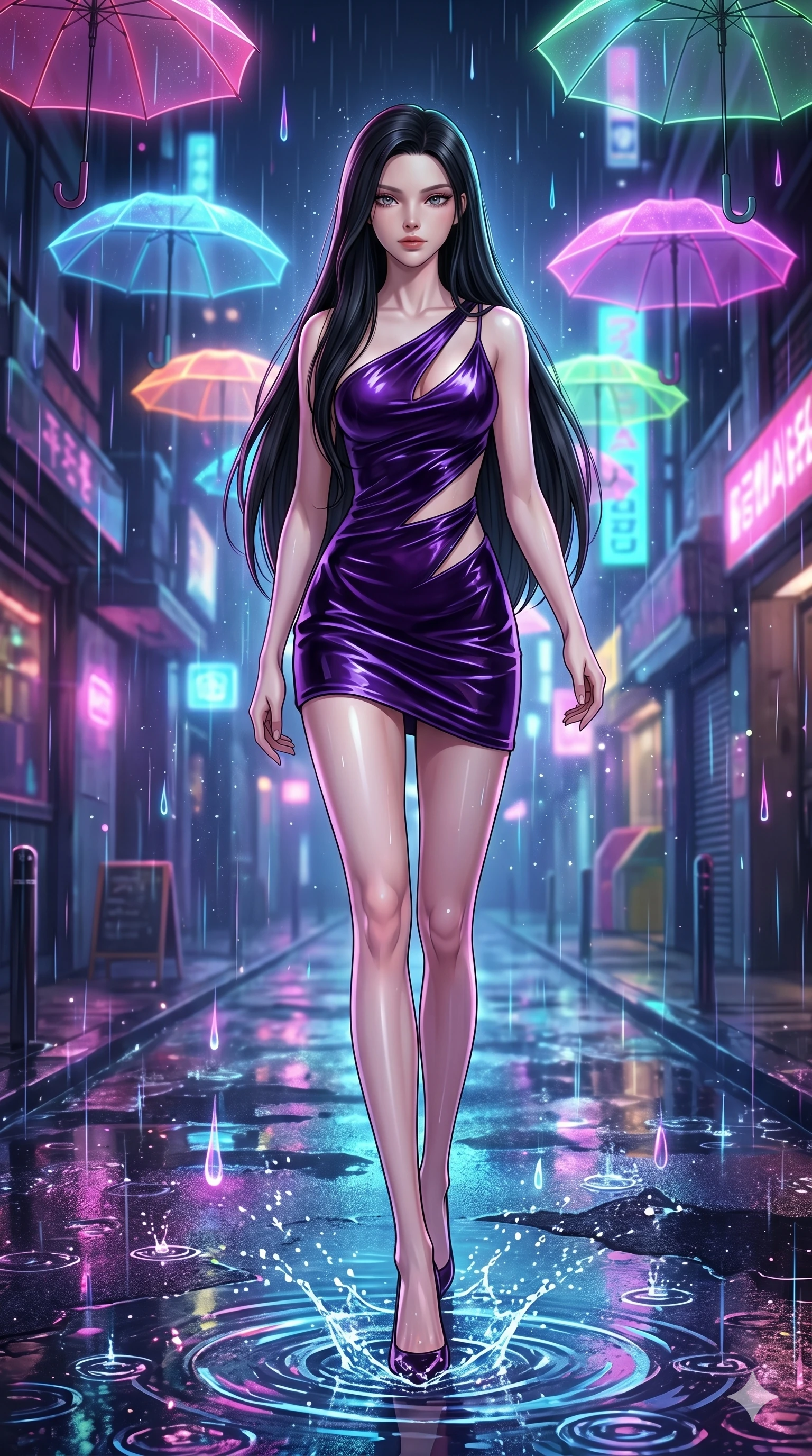 score_9, masterpiece, best quality, ultra-detailed, high-budget anime keyframe, Korean woman. low angle full-body shot filling the entire 9:16 frame with her statuesque presence, stretching the vertical silhouette. navigating a wet neon-lit future street under colorful floating umbrellas as translucent neon raindrops fall, creating brilliant splash ripples. She has an absolutely perfect 8-heads proportion, an exceptionally tall and slender female figure with impossibly long slender legs and an ultra-slim waist. V-shaped jawline, high-bridge nose, intricate jewel-like eyes with depth, thick eyelashes, glossy lips with a natural sheen.. wearing an asymmetric liquid velvet slip dress, featuring a wet-look deep purple velvet one-shoulder mini slip with slanted slashed cutouts. illuminated by dramatic chiaroscuro casting soft shadows along her curves, with vibrant backlighting highlighting the dust particles. 2k, ultra detail, master piece, 9:16 ratio