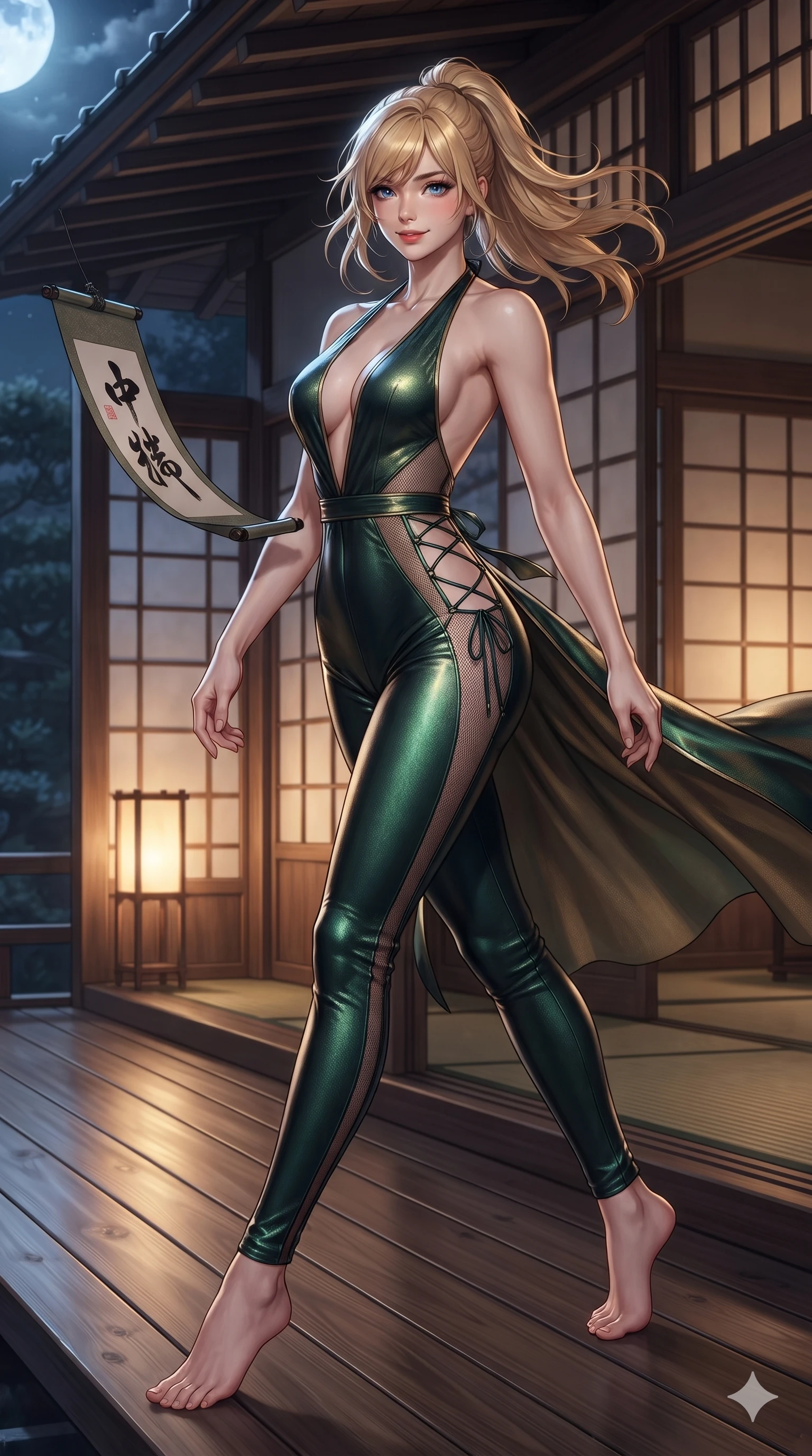 score_9, masterpiece, best quality, ultra-detailed, high-budget anime keyframe, editorial fashion photography, tasteful artistic composition, Caucasian woman. low angle full-body shot from head to toe showing her feet, filling the entire 9:16 vertical frame with her statuesque presence, stretching her vertical silhouette. striding across the moonlit timber deck as nocturnal breezes whip her garments open, accentuating her long slender legs and curvy hips while twisting her slender torso in an alluring contrapposto stance, ink brush scroll characters casting dramatic silhouettes across her flat midriff. The surrounding environment is rendered in vivid detail and crisp panoramic clarity: detailed tailored onyx tux dress drape, fine silk lapel sheen, and traditional woodwork in razor-sharp precision. She has an absolutely perfect, statuesque 8.5-heads proportion, an exceptionally tall and slender model-like female figure with impossibly long slender legs, an ultra-slim waist, a flat toned midriff, narrow delicate ribcage, and beautifully sculpted feminine hips creating a graceful, slim hourglass silhouette without any bulky heaviness. sharp v-shaped jawline, high-bridge nose, sparkling eyes with hypnotic seductive depth, thick curled eyelashes, glossy parted lips with a natural dewy peach sheen, alluring bedroom-eyes with an enchanting coquettish smile, exuding magnetic siren charisma and sophisticated glamour, flawlessly proportioned anatomical accuracy, strict slender model proportions, natural body alignment, perfectly sculpted long slender limbs, ultra-slim waistline, clean dynamic posture without body distortion. wearing a backless liquid metallic lamé plunge halterneck jumpsuit with high-cut side hip cutouts in dark emerald forest and brushed antique gold, featuring strategic sheer-illusion micro-mesh cutouts along her ribcage and hip flanks, featuring fine criss-cross lace-up side ties revealing tantalizing glimpses of her hip curve, the form-fitting cut adhering flawlessly to her sculpted flat midriff and slender torso, emphasizing her long leg lines and perfectly proportioned willowy build. bathed in soft diffuse light filtering through paper shoji screens and warm oil lamp glow. ultra-reflective glossy finish, specular highlights, rich textural contrasts, high-contrast stereoscopic depth, volumetric dynamic lighting, 2k, ultra detail, master piece, 9:16 ratio