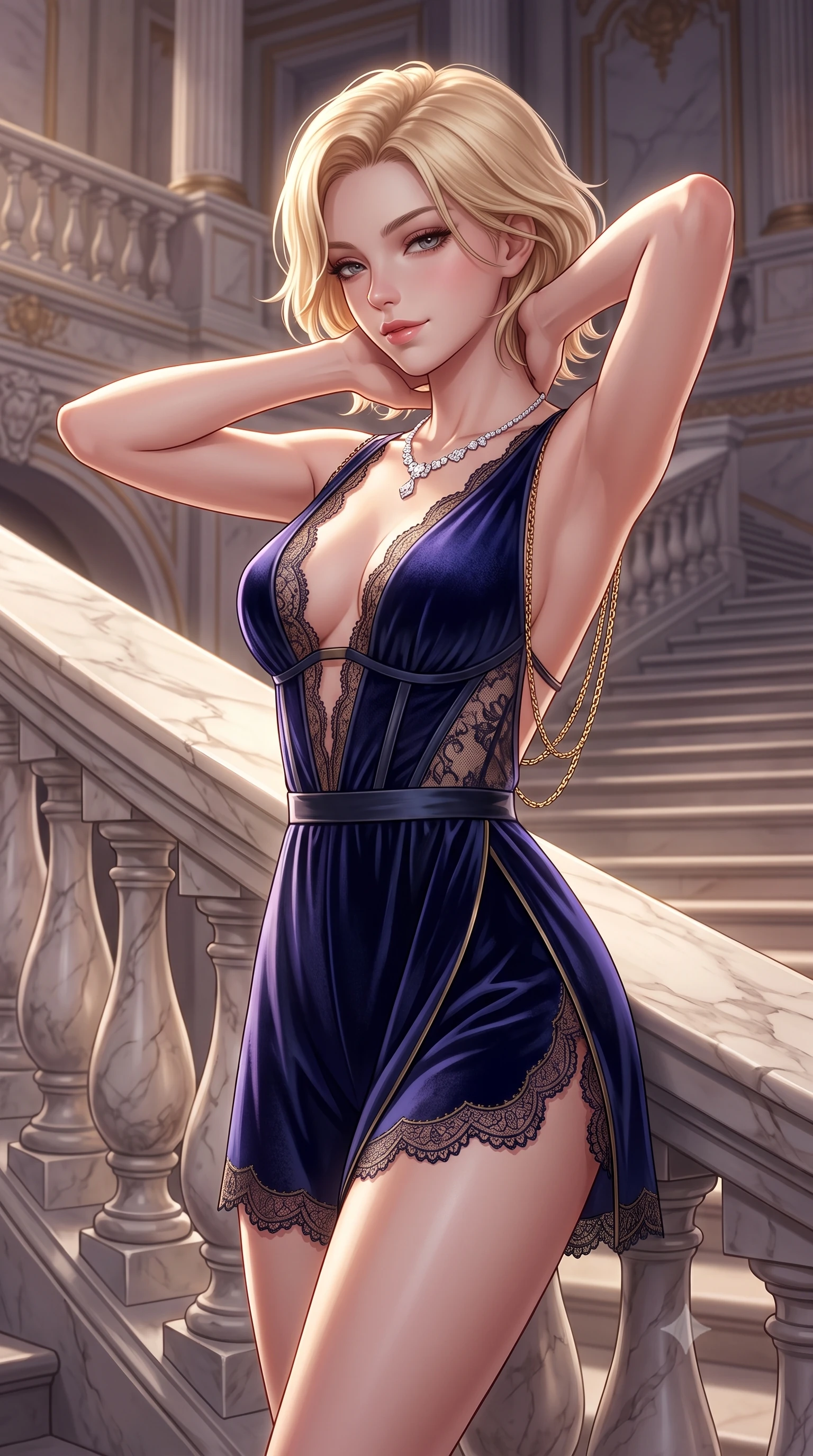 score_9, masterpiece, best quality, ultra-detailed, high-budget anime keyframe, semi-realistic 3D game render, editorial fashion photography, tasteful artistic composition, Caucasian woman. close-up cowboy shot from the waist and thighs up, the character dominates the composition, filling the frame with her large presence. resting both hands lightly behind her neck with elbows raised, arching her spine to highlight her narrow waist, flat midriff, and breathtaking collarbones while leaning against the sculpted marble balustrade with hips cocked back, looking down the grand staircase with an intoxicating bedroom-gaze. The surrounding environment is rendered in vivid detail and crisp panoramic clarity: detailed structured boned corset bodice weave, diamond necklace sparkle, and imperial palace masonry in high resolution. She has an exceptionally elegant, slender, and willowy female figure with an ultra-slim waist, flat toned midriff, narrow ribcage, and sculpted feminine hips creating an alluring, slim hourglass silhouette without bulk. sharp v-shaped jawline, high-bridge nose, sparkling eyes with hypnotic seductive depth, thick curled eyelashes, glossy parted lips with a natural dewy peach sheen, alluring bedroom-eyes with an enchanting coquettish smile, exuding magnetic siren charisma and sophisticated glamour, flawlessly proportioned anatomical accuracy, strict slender model proportions, natural body alignment, perfectly sculpted long slender limbs, ultra-slim waistline, clean dynamic posture without body distortion. wearing a plunge-neck stretch velvet romper with scalloped eyelash-lace hems and a cinched waist ribbon in Austrian opera midnight indigo and antique brass, made of delicate semi-sheer French Chantilly lace with intricate eyelash edges, accented with an open-back drape framed by falling strands of delicate gold chains, the high-slit wrap tailoring accentuating her ultra-slim waistline and the enchanting curve of her feminine hips with alluring seductive charm. illuminated by polished marble reflection fill and sharp platinum-gold rim lights defining her delicate clavicles, ultra-slim waist, and curvy hips. highly saturated vibrant anime colors, detailed shading with soft gradients, rich glossy textures, high-contrast stereoscopic depth, volumetric dynamic lighting, master piece, 9:16 ratio