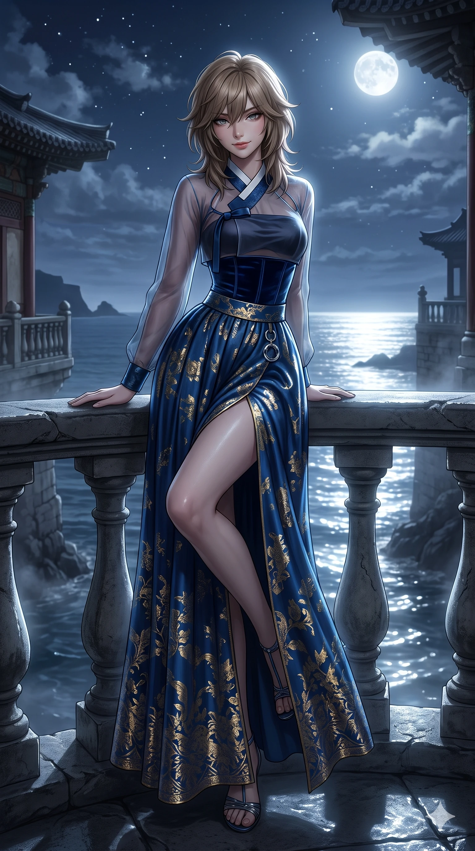 score_9, masterpiece, best quality, ultra-detailed, high-budget anime keyframe, editorial fashion photography, tasteful artistic composition, Japanese woman. low angle full-body shot from head to toe showing her feet, filling the entire 9:16 vertical frame with her statuesque presence, stretching her vertical silhouette. leaning deep against the balcony balustrade with hips cocked back in an unapologetically alluring high-fashion stance, casting an intoxicating glance while perched sideways on the balcony balustrade, one knee drawn up to showcase her slender leg line while her arched back accentuates her feminine curves. The surrounding environment is rendered in vivid detail and crisp panoramic clarity: detailed sheer gossamer hanbok blouse tailoring, silk bandeau, and historic coastal construction in razor-sharp clarity. She has an absolutely perfect, statuesque 8.5-heads proportion, an exceptionally tall and slender model-like female figure with impossibly long slender legs, an ultra-slim waist, a flat toned midriff, narrow delicate ribcage, and beautifully sculpted feminine hips creating a graceful, slim hourglass silhouette without any bulky heaviness. sharp v-shaped jawline, high-bridge nose, sparkling eyes with hypnotic seductive depth, thick curled eyelashes, glossy parted lips with a natural dewy peach sheen, alluring bedroom-eyes with an enchanting coquettish smile, exuding magnetic siren charisma and sophisticated glamour, flawlessly proportioned anatomical accuracy, strict slender model proportions, natural body alignment, perfectly sculpted long slender limbs, ultra-slim waistline, clean dynamic posture without body distortion. wearing a tailored silk velvet hanbok corset top paired with an ankle-length fluid chima skirt with a thigh-high slit in deep ocean cobalt and shimmering gold leaf, tailored from heavy double-faced silk faille with an exceptionally fluid drape, accented with sculptural chrome hardware rings framing the subtle cutouts, the bespoke structured tailoring following the natural line of her 8.5-heads silhouette with refined elegance. bathed in high-intensity silver moonlight reflecting off open ocean waters. ultra-reflective glossy finish, specular highlights, rich textural contrasts, high-contrast stereoscopic depth, volumetric dynamic lighting, 2k, ultra detail, master piece, 9:16 ratio