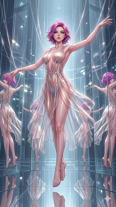score_9, masterpiece, best quality, ultra-detailed, High-budget Anime Keyframe, East Asian woman. Dynamic full-body shot stretching the vertical silhouette to the limit. Scenario 96: Suspended by invisible silk threads in a hall of mirrors. Her prese