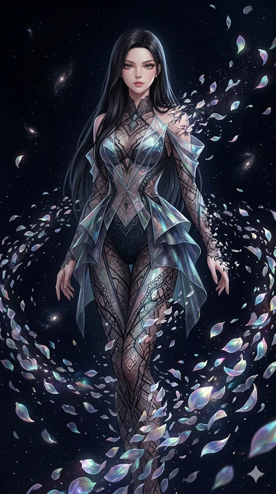 score_9, masterpiece, best quality, ultra-detailed, High-budget Anime Keyframe, East Asian woman. Low angle cowboy shot filling the entire 9:16 frame with her statuesque presence. Scenario 61: Dissolving into a cloud of iridescent silk petals in a vo