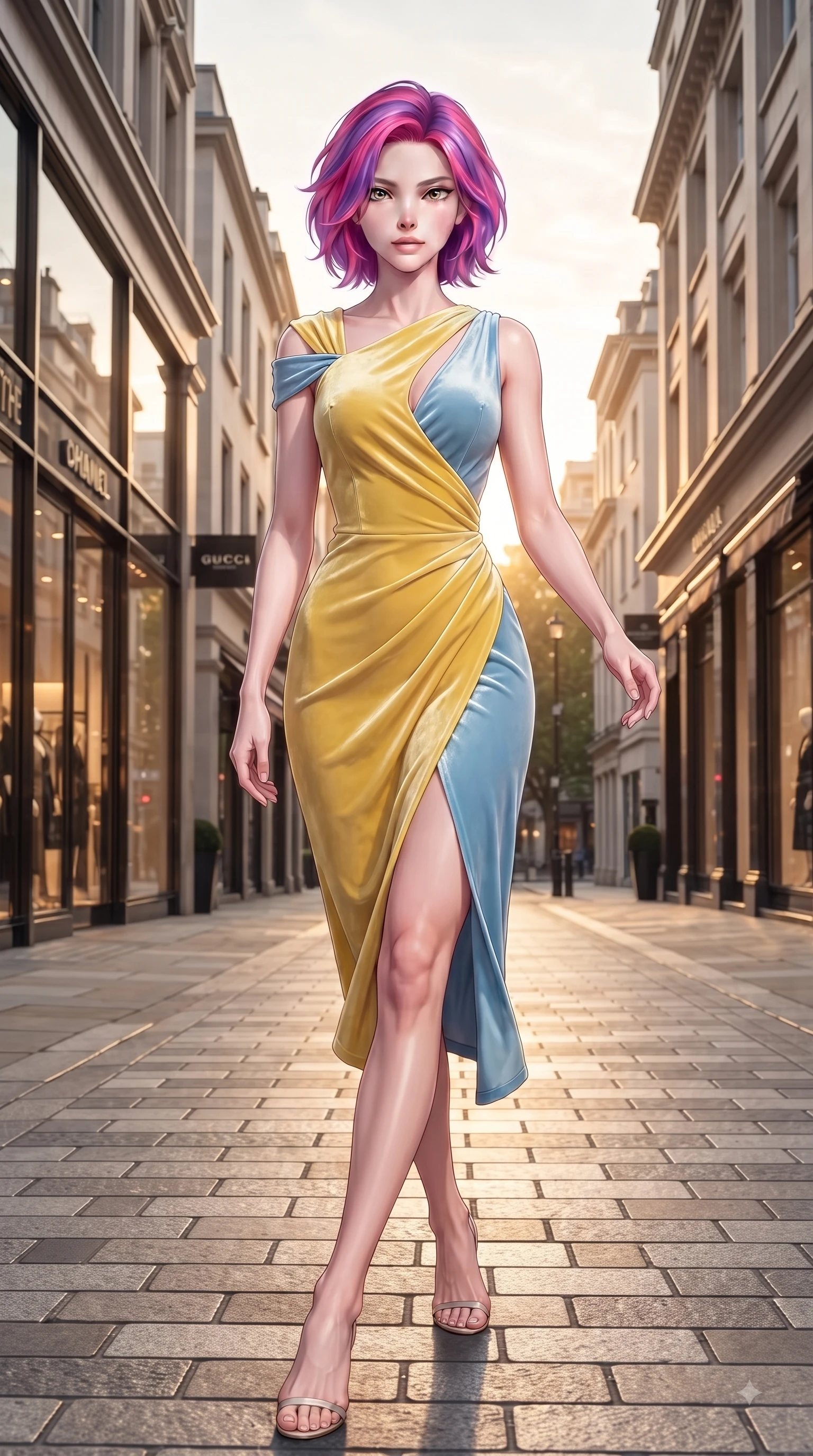 score_9, masterpiece, best quality, ultra-detailed, high-budget anime keyframe, editorial fashion photography, tasteful artistic composition, Caucasian woman. low angle full-body shot from head to toe showing her feet, filling the entire 9:16 vertical frame with her statuesque presence, stretching her vertical silhouette. stepping forward gracefully in mid-motion with a delighted cute expression, displaying her statuesque model proportions while stepping along a quiet tree-lined fashion avenue with an effortless statuesque posture. The surrounding environment is rendered in vivid detail and crisp panoramic clarity. bright afternoon sunbeams filtering between chic urban buildings with vivid environmental sharpness. She has an absolutely perfect, statuesque 8.5-heads proportion, an exceptionally tall and slender model-like female figure with impossibly long slender legs and an ultra-slim waist. sharp v-shaped jawline, high-bridge nose, intricate jewel-like eyes with depth, thick eyelashes, glossy lips with a natural sheen, flawlessly proportioned anatomical accuracy, natural body alignment, perfectly sculpted elegant limbs, clean dynamic posture without body distortion. wearing an asymmetrical draped chiffon midi dress with a sleek shoulder accent in sunny canary yellow and clear sky blue, made of lustrous stretch velvet, accented with a Tasteful chest slit framing her clavicle gracefully, the form-contouring material highlighting her ultra-slim waist and long lines. bathed in brilliant golden hour sunshine and warm urban ambient illumination. ultra-reflective glossy finish, specular highlights, metallic sheen, high-contrast stereoscopic depth, volumetric dynamic lighting, 2k, ultra detail, master piece, 9:16 ratio