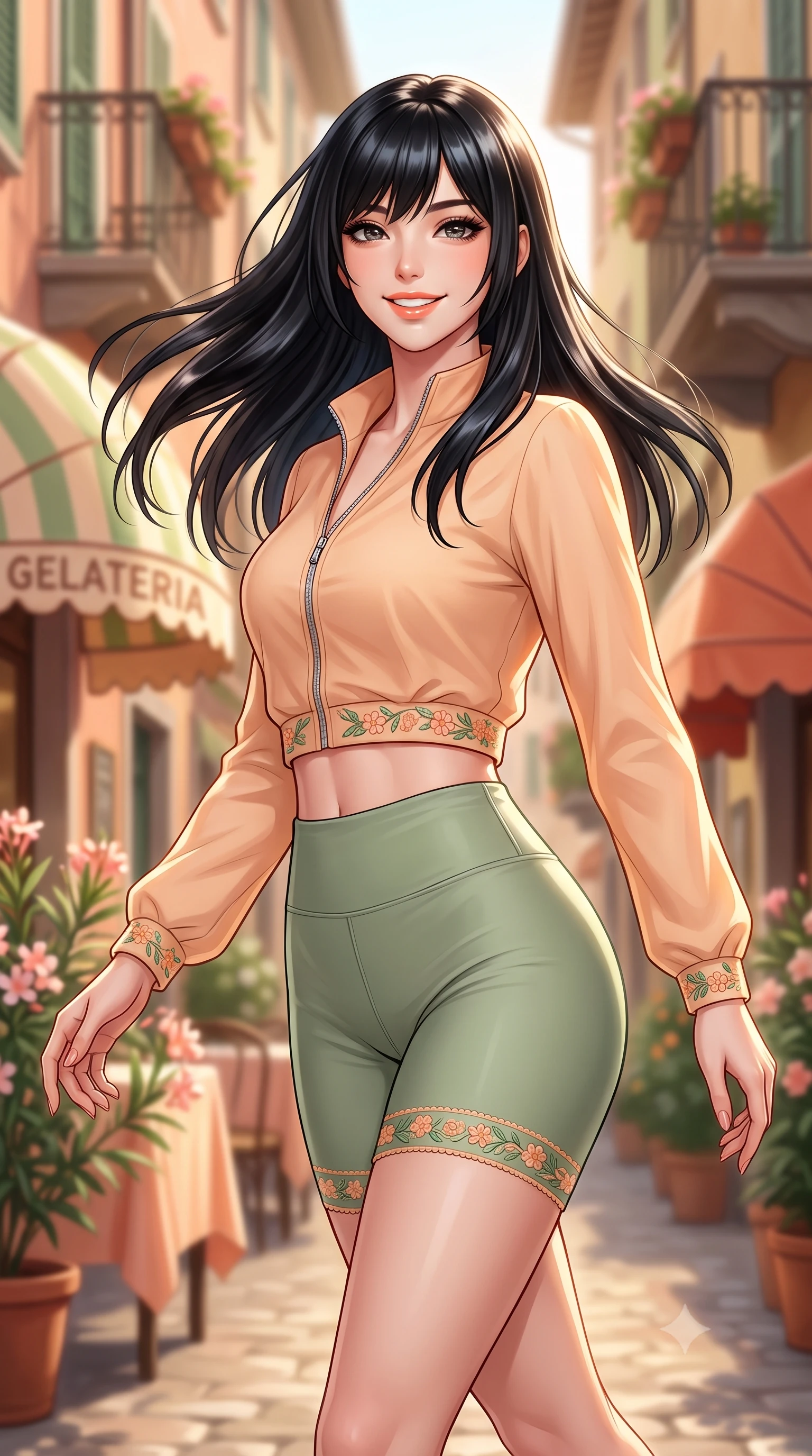 score_9, masterpiece, best quality, ultra-detailed, high-budget anime keyframe, semi-realistic 3D game render, editorial fashion photography, tasteful artistic composition, Caucasian woman. close-up cowboy shot from the waist and thighs up, the character dominates the composition, filling the frame with her large presence. turning playfully with a bright confident smile, her glossy hair tossing in the breeze as her hips angle gracefully in a captivating contrapposto while striding through the historic alleyway with supermodel poise, her form-fitting dress clinging to her narrow waist and curvy hips. The composition keeps background elements in soft focus with dreamy creamy bokeh. vintage striped gelateria awnings, potted oleander flowers, and historic Milanese balconies blurred into peach, pistacchio, and terracotta bokeh. She has an exceptionally elegant, slender, and willowy female figure with an ultra-slim waist, flat toned midriff, narrow ribcage, and sculpted feminine hips creating an alluring, slim hourglass silhouette without bulk. sharp v-shaped jawline, high-bridge nose, intricate jewel-like sparkling eyes with depth, thick eyelashes, glossy parted lips with a natural peach sheen, bright cheerful beaming smile with an enchanting and coquettish sensual glint, exuding both youthful cute charm and seductive allure, flawlessly proportioned anatomical accuracy, strict slender model proportions, natural body alignment, perfectly sculpted long slender limbs, ultra-slim waistline, clean dynamic posture without body distortion. wearing a sporty chic zip-up crop jacket paired with high-waisted biker shorts clinging to her athletic hips in soft apricot and sage green, tailored from fine lightweight chiffon that flutters gently in the breeze, complemented by delicate embroidered floral trim along the hem, the glove-like silhouette tightly following the natural contour of her hips and long slender legs with youthful 8.5-heads elegance. bathed in warm golden afternoon Italian sunlight reflecting off pastel building facades. highly saturated vibrant anime colors, detailed shading with soft gradients, rich glossy textures, high-contrast stereoscopic depth, volumetric dynamic lighting, master piece, 9:16 ratio