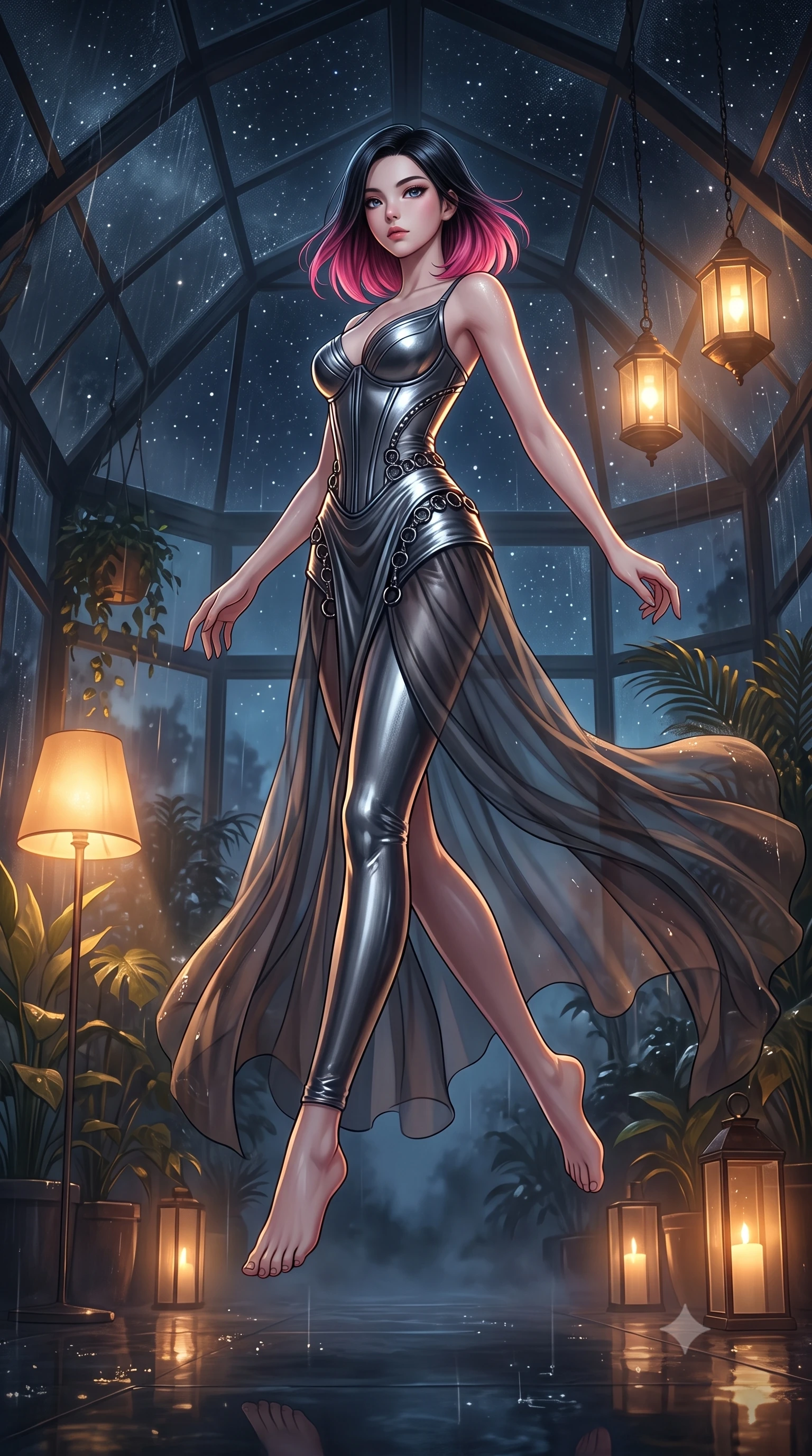 score_9, masterpiece, best quality, ultra-detailed, high-budget anime keyframe, editorial fashion photography, tasteful artistic composition, Korean woman. low angle full-body shot from head to toe showing her feet, filling the entire 9:16 vertical frame with her statuesque presence, stretching her vertical silhouette. leaping dynamically through the starry space, her posture full of power and elegance, walking through a glass conservatory shrouded in thick midnight rain fog, warm amber floor lamps casting intimate golden rays through plant foliage. She has an absolutely perfect, statuesque 8.5-heads proportion, an exceptionally tall and slender model-like female figure with impossibly long slender legs and an ultra-slim waist. sharp v-shaped jawline, high-bridge nose, intricate jewel-like eyes with depth, thick eyelashes, glossy lips with a natural sheen. wearing semi-opaque sheer dark chiffon gown revealing structured corset silhouette in metallic dark silver, made of liquid dark mercury jersey, trimmed with dark chrome ring hardware along the waist contours, sculpting her athletic slender build with refined precision. surrounded by a moody nocturnal glow with sharp specular water glints. highly saturated vibrant anime colors, detailed shading with soft gradients, rich glossy textures, high-contrast stereoscopic depth, volumetric dynamic lighting, master piece, 9:16 ratio