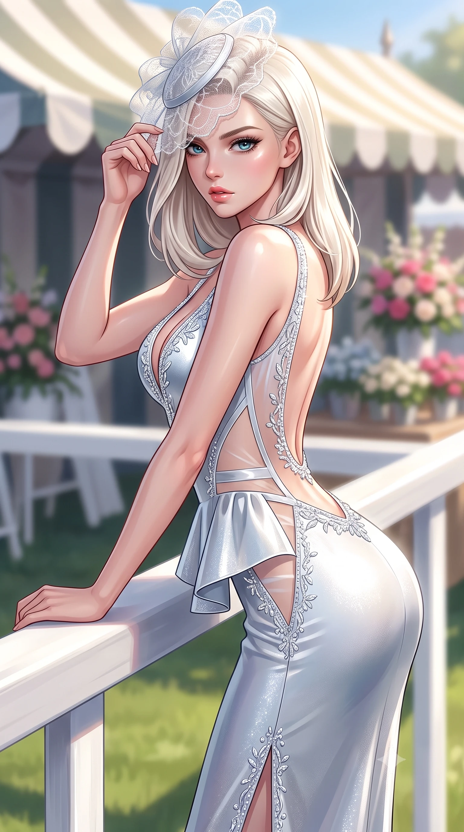 score_9, masterpiece, best quality, ultra-detailed, high-budget anime keyframe, semi-realistic 3D game render, editorial fashion photography, tasteful artistic composition, Caucasian woman. close-up cowboy shot from the waist and thighs up, the character dominates the composition, filling the frame with her large presence. leaning forward against the polished railing with her hips cocked back, creating an intoxicating curve from her narrow waist to sculpted hips as she gazes back into the lens while leaning against the white-painted turf paddock railing with hips cocked back in a chic high-society stance, lowering her lace fascinator with an alluring smirk. The composition keeps background elements in soft focus with creamy bokeh. striped marquee canvas awnings and floral pavilion displays softened in bright glamorous shallow focus. She has an exceptionally elegant, slender, and willowy female figure with an ultra-slim waist, flat toned midriff, narrow ribcage, and sculpted feminine hips creating an alluring, slim hourglass silhouette without bulk. sharp v-shaped jawline, high-bridge nose, intricate jewel-like eyes with depth, thick eyelashes, glossy parted lips with a natural sheen, intensely captivating and seductive bedroom-eyes expression, flawlessly proportioned anatomical accuracy, strict slender model proportions, natural body alignment, perfectly sculpted long slender limbs, ultra-slim waistline, clean dynamic posture without body distortion. wearing a structural geometric peplum gown with sheer side-ribbon cutouts and form-fitting skirt in liquid starlight silver and arctic glacier white, crafted from luxurious metallic lamé that shifts radiance with every step, finished with delicate crystal frost embroidery tracing the plunging neckline, the precision-cut side openings and low-back scoop framing her graceful spine and the sensual sweep of her slim, toned hips. illuminated by sharp specular highlights carving her sculpted collarbones, flat toned midriff, and rounded hips. highly saturated vibrant anime colors, detailed shading with soft gradients, rich glossy textures, high-contrast stereoscopic depth, volumetric dynamic lighting, master piece, 9:16 ratio
