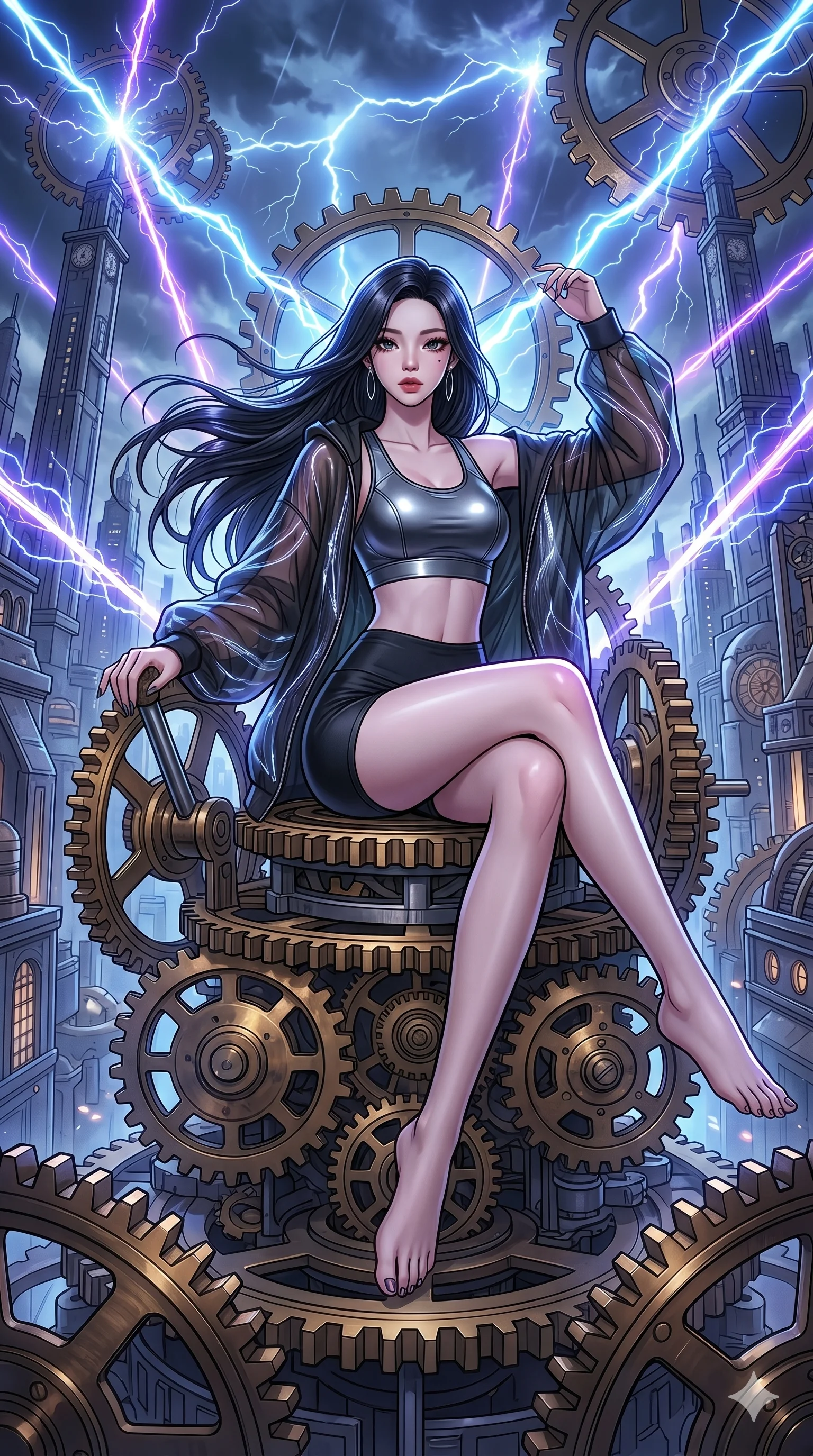 score_9, masterpiece, best quality, ultra-detailed, high-budget anime movie keyframe, cinematic anime lighting, intricate line art, Caucasian (strictly human ears) woman. Dynamic full-body shot stretching the vertical silhouette across the 9:16 frame. resting on a throne of gears in a clockwork heart of a city with lightning lasers. She has an absolutely perfect 8-heads proportion, an exceptionally tall and slender female figure with an ultra-slim waist and impossibly long slender legs. sharp v-shaped jawline, high-bridge nose, intricate jewel-like eyes, thick eyelashes, glossy lips. Wearing premium athleisure set with a metallic-finish compression top, high-cut yoga shorts that accentuate her long legs, and a sheer oversized hoodie. The scene is illuminated by dramatic atmospheric lighting and vibrant color palettes. , 2k, ultra detail, master piece, 9:16 ratio