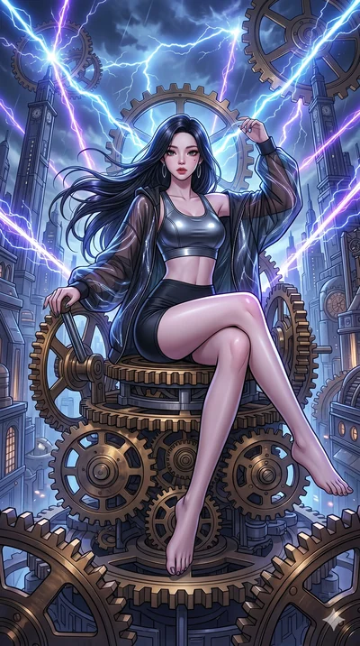 score_9, masterpiece, best quality, ultra-detailed, high-budget anime movie keyframe, cinematic anime lighting, intricate line art, Caucasian (strictly human ears) woman. Dynamic full-body shot stretching the vertical silhouette across the 9:16 frame