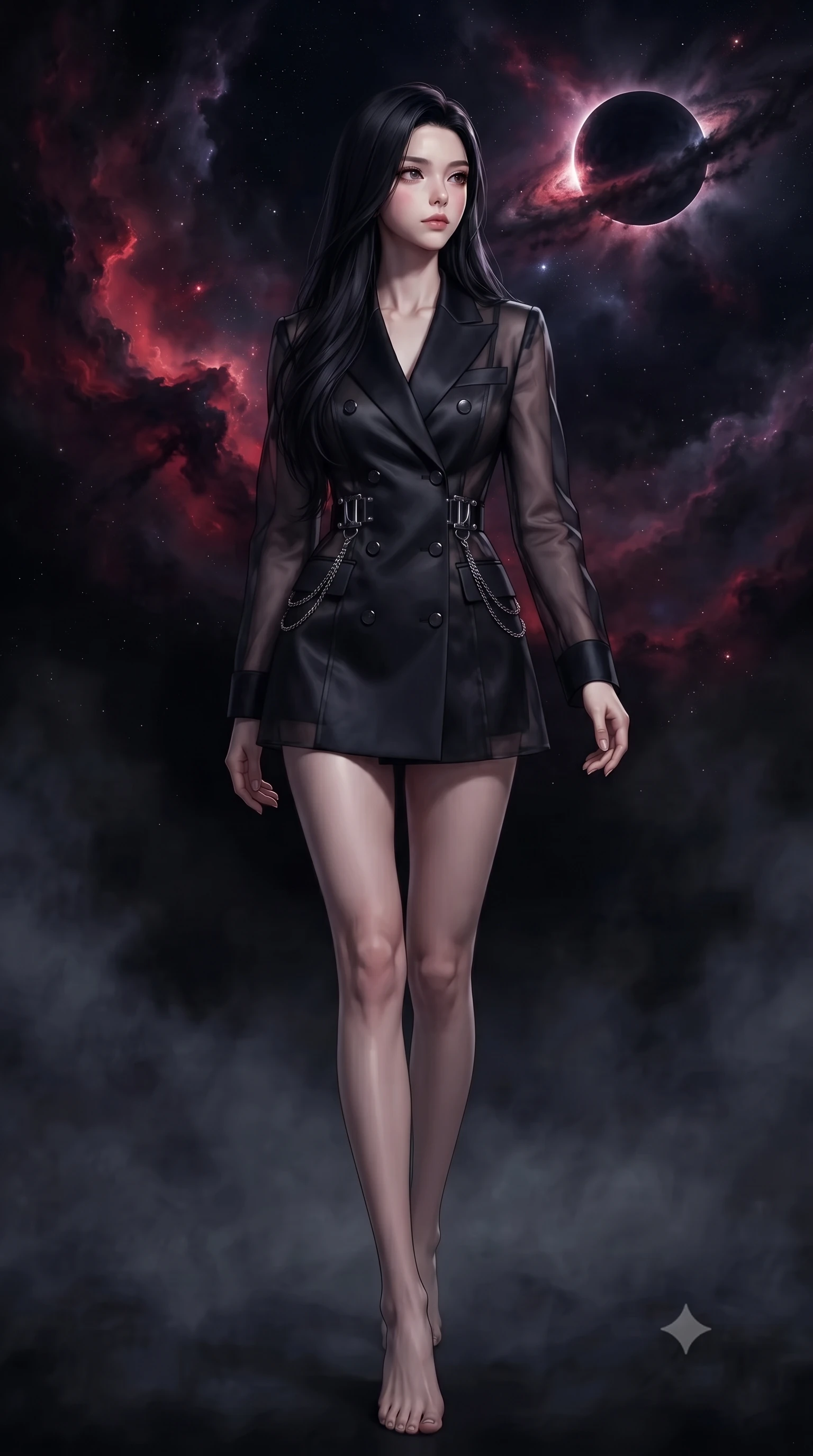 score_9, masterpiece, best quality, ultra-detailed, high-budget anime keyframe, editorial fashion photography, tasteful artistic composition, Korean woman. low angle full-body shot from head to toe showing her feet, filling the entire 9:16 vertical frame with her statuesque presence, stretching her vertical silhouette. forging confidently through the dark atmospheric mist, holding a poised statuesque stance, looking out at a dying dark star surrounded by pitch-black galaxy dust, deep crimson and dark violet nebula gas clouds swirling in pitch-black space. She has an absolutely perfect, statuesque 8.5-heads proportion, an exceptionally tall and slender model-like female figure with impossibly long slender legs and an ultra-slim waist. sharp v-shaped jawline, high-bridge nose, intricate jewel-like eyes with depth, thick eyelashes, glossy lips with a natural sheen. wearing tailored double-breasted obsidian blazer dress in smoky pitch black, made of sheer dark organza overlay, framed by dark titanium buckles and silver chain details, accentuating her gracefully sculpted slender torso. bathed in dramatic cosmic chiaroscuro with pitch-black ambient shadows. highly saturated vibrant anime colors, detailed shading with soft gradients, rich glossy textures, high-contrast stereoscopic depth, volumetric dynamic lighting, master piece, 9:16 ratio
