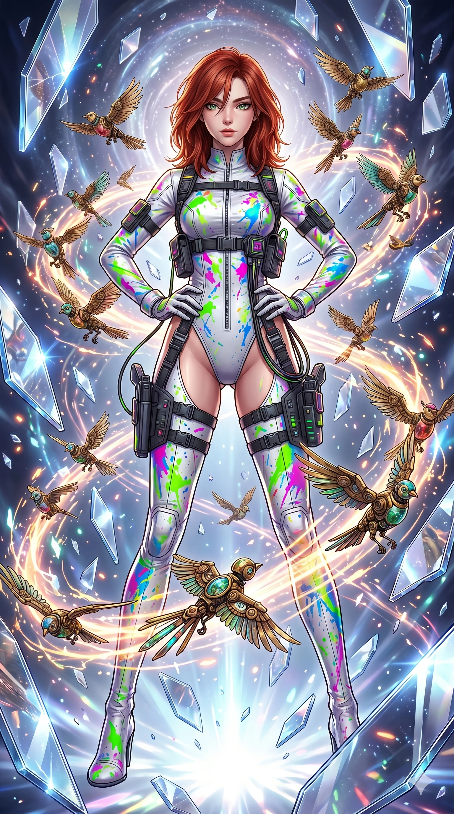 score_9, masterpiece, best quality, ultra-detailed, Set A: High-budget Anime Keyframe, Japanese woman. Low angle cowboy shot filling the entire 9:16 frame with her statuesque presence. Standing victoriously through a dimension of floating mirrors, surrounded by a whirlwind of 282 mechanical birds and surrounded by glowing energy sparks. She has an absolutely perfect 8-heads proportion, an exceptionally tall and slender female figure with impossibly long slender legs and an ultra-slim waist. Sharp v-shaped jawline, high-bridge nose, intricate jewel-like eyes with depth, thick eyelashes, glossy lips with a natural sheen. Wearing Neon-splattered white leather suit with high-cut legs and tactical harness. Cinematic lighting, vibrant colors, dramatic shadows, 2k, ultra detail, master piece, 9:16 ratio