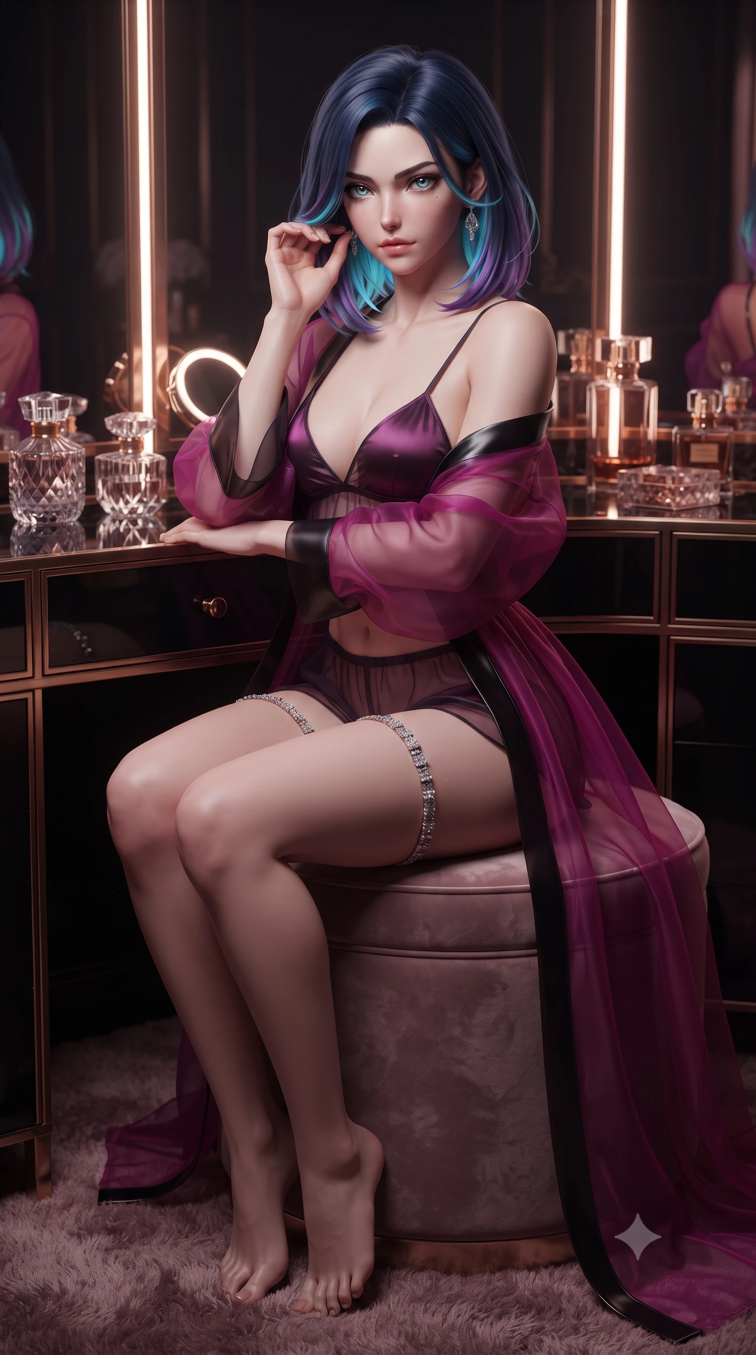 score_9, masterpiece, best quality, ultra-detailed, high-budget anime keyframe, editorial fashion photography, tasteful artistic composition, Caucasian woman. close-up cowboy shot from the waist and thighs up, the character dominates the composition, filling the frame with her large presence. perched sideways on the lounge seat, one knee drawn up to showcase her slender leg line while her arched back accentuates her feminine hip curve while sitting poised on the circular velvet vanity ottoman with legs crossed, arching her lower back to highlight her curvy hips as she toys with her earrings. The surrounding environment is rendered in vivid detail and crisp panoramic clarity: sharp brass vitrine edge bevels, diamond-cut crystal perfume bottle facets, and plush silk carpet pile in deep focus. She has an exceptionally elegant, slender, and willowy female figure with an ultra-slim waist, flat toned midriff, narrow ribcage, and sculpted feminine hips creating an alluring, slim hourglass silhouette without bulk. sharp v-shaped jawline, high-bridge nose, intricate jewel-like sparkling eyes with depth, thick eyelashes, glossy parted lips with a natural peach sheen, bright cheerful beaming smile with an enchanting and coquettish sensual glint, exuding both youthful cute charm and seductive allure, flawlessly proportioned anatomical accuracy, strict slender model proportions, natural body alignment, perfectly sculpted long slender limbs, ultra-slim waistline, clean dynamic posture without body distortion. wearing a sheer silk organza modern caftan robe worn loose and slipping off bare shoulders over a matching satin bralette and micro-shorts in Gangnam electric magenta noir and glossy onyx, made of sheer gossamer chiffon that drapes softly against skin with airy translucence, finished with delicate crystal-encrusted thigh garter straps glinting in the dim light, the precision-cut side openings and low-back scoop framing her graceful spine and the sensual sweep of her slim, toned hips. illuminated by mirror specular reflections and sharp rose-gold rim lights defining her features, flat midriff, and slender waist. ultra-reflective glossy finish, specular highlights, rich textural contrasts, high-contrast stereoscopic depth, volumetric dynamic lighting, 2k, ultra detail, master piece, 9:16 ratio