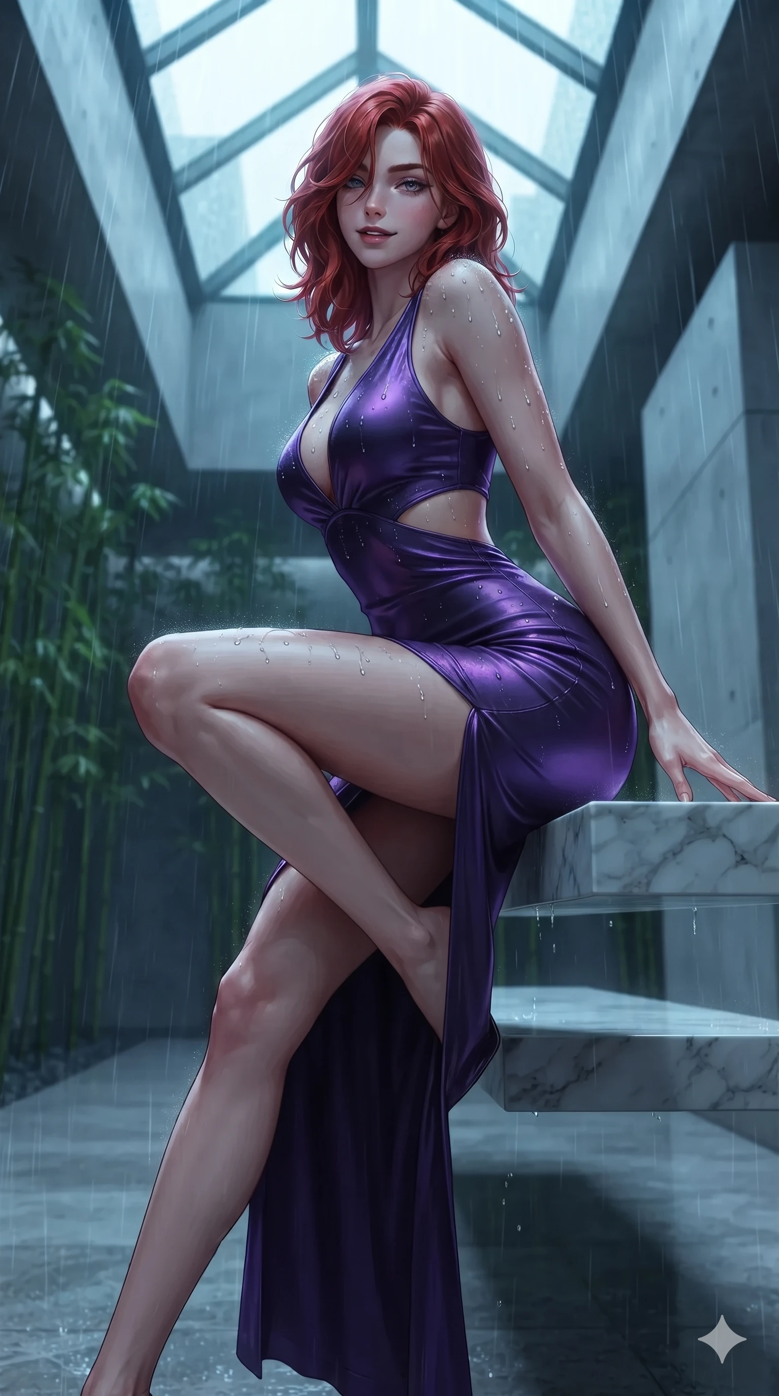 score_9, masterpiece, best quality, ultra-detailed, high-budget anime keyframe, editorial fashion photography, tasteful artistic composition, Korean woman. low angle full-body shot from head to toe showing her feet, filling the entire 9:16 vertical frame with her statuesque presence, stretching her vertical silhouette. stepping forward into the rain-streaked neon light, head tilted slightly as her smoldering gaze captivates the lens while perched sideways on the floating marble bench, one knee drawn up to showcase her slender leg line while her arched back accentuates her curves. The background shows a soft-focus soaring geometric glass skylights, vertical bamboo rain gardens, and minimalist architectural concrete walls blurred into slate, jade, and charcoal bokeh. She has an exceptionally tall and slender model-like 8.5-heads proportion, an ultra-slim waist, a flat toned midriff, narrow delicate ribcage, and beautifully sculpted feminine hips creating a graceful, slim hourglass silhouette without any bulky heaviness, with impossibly long slender legs. sharp v-shaped jawline, high-bridge nose, intricate jewel-like dark sparkling eyes with dangerous depth, thick curled eyelashes, glossy parted lips with a rich wine sheen, smoldering seductive half-smile with bedroom-eyes, exuding effortless superiority and intoxicating dark allure, flawlessly proportioned anatomical accuracy, strict slender model proportions, natural body alignment, perfectly sculpted long slender limbs, ultra-slim waistline, clean dynamic posture without body distortion. wearing a slinky deep-V liquid jersey cocktail dress with waist cutout accentuating her hourglass curves in ultraviolet neon and dark rain-soaked shadow tones, made of supple butter-soft lambskin leather with a subtle satin sheen, finished with glistening rain droplets beading across her sculpted shoulders and flat midriff, the glove-like silhouette tightly following the natural contour of her hips and long slender legs with youthful 8.5-heads elegance. illuminated by mirror-polished marble floor bounce and sharp silver-topaz rim lights defining her razor-sharp jawline, narrow waist, and curvy hips. ultra-reflective glossy finish, specular highlights, rich textural contrasts, high-contrast stereoscopic depth, volumetric dynamic lighting, 2k, ultra detail, master piece, 9:16 ratio