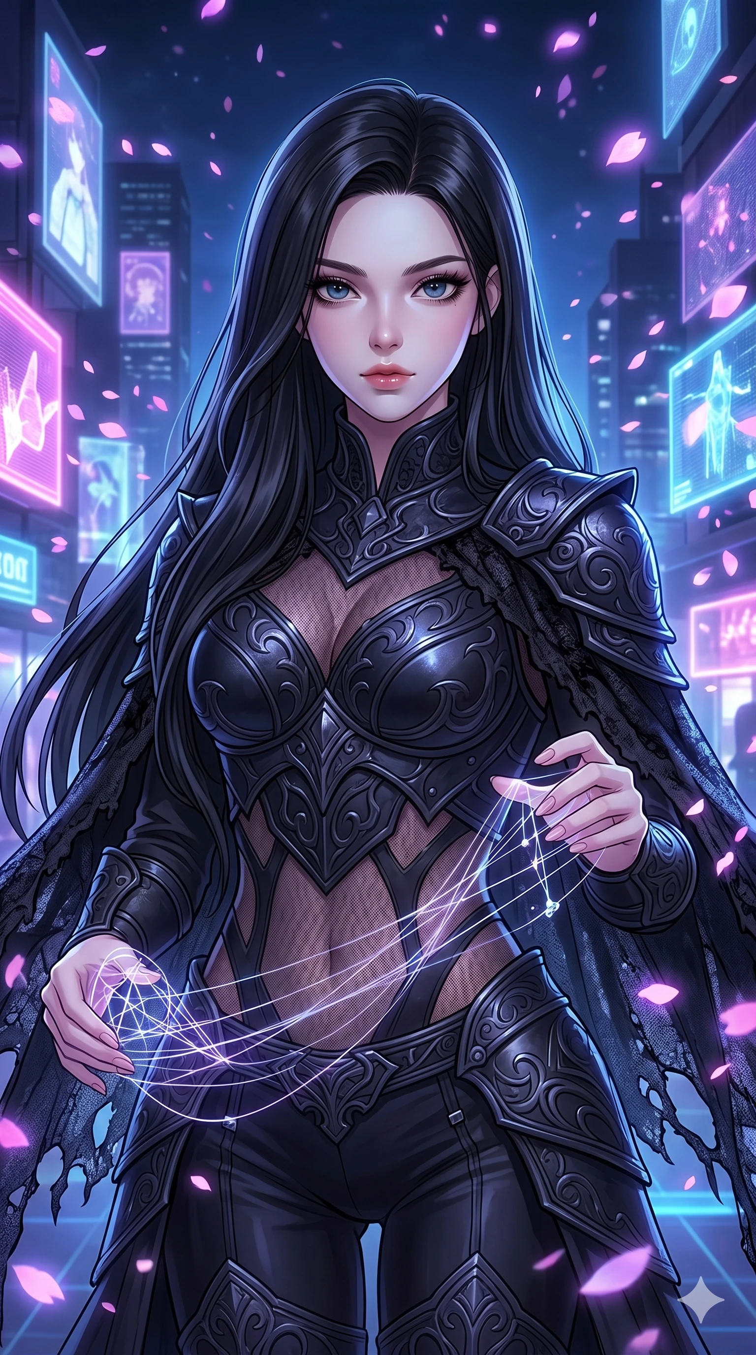 score_9, masterpiece, best quality, ultra-detailed, high-budget anime movie keyframe, cinematic anime lighting, intricate line art, Korean woman. Upper body filling screen focusing on her alluring features and slim-fit silhouette. weaving threads of light in a holographic shopping mall with digital sakura petals. She has an absolutely perfect 8-heads proportion, an exceptionally tall and slender female figure with an ultra-slim waist and impossibly long slender legs. sharp v-shaped jawline, high-bridge nose, intricate jewel-like eyes, thick eyelashes, glossy lips. Wearing dark fantasy gothic leather armor with ornate obsidian plates, a tattered lace cape, and sheer mesh cut-outs at the midriff, exuding a mysterious allure. The scene is illuminated by dramatic atmospheric lighting and vibrant color palettes. , 2k, ultra detail, master piece, 9:16 ratio