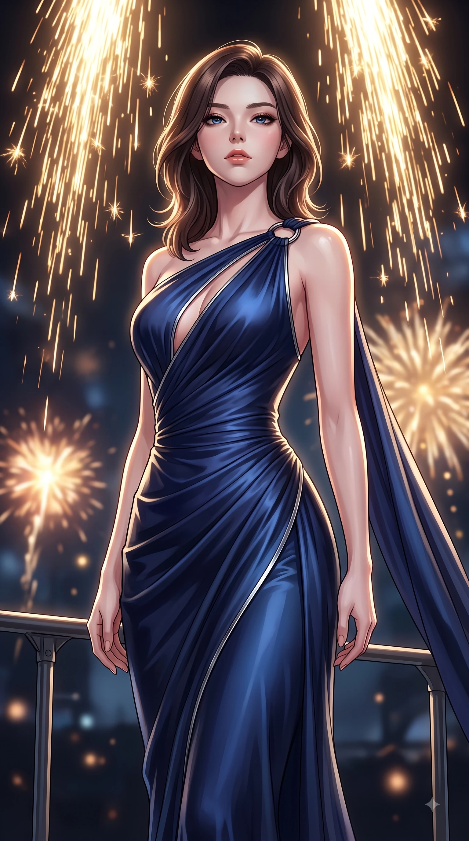 score_9, masterpiece, best quality, ultra-detailed, high-budget anime keyframe, editorial fashion photography, tasteful artistic composition, Korean woman. close-up cowboy shot from the waist and thighs up, the character dominates the composition, filling the frame with her large presence, background elements kept in soft focus. Tilting her chin up with composed magnetism as dramatic side lighting traces her sculpted waist and hip contour while poised on a hydraulic lift platform as golden pyrotechnic sparks rain down behind her, golden pyrotechnic sparks falling like a waterfall behind her statuesque silhouette. She has an exceptionally elegant, slender, and willowy female figure with an ultra-slim waist, a gracefully sculpted slender torso, and a refined silhouette. sharp v-shaped jawline, high-bridge nose, intricate jewel-like eyes with depth, thick eyelashes, glossy lips with a natural sheen, flawlessly proportioned anatomical accuracy, natural body alignment, perfectly sculpted elegant limbs, clean dynamic posture without body distortion. wearing an asymmetrical Grecian draped chiffon gown with a metallic shoulder ring in midnight navy blue and chrome trim, crafted from lustrous satin jersey with fluid draping, accented with a Tasteful chest slit framing her clavicle gracefully, the sleek second-skin texture accentuating her magnetic presence. illuminated by golden spark explosions and high-contrast concert lighting. highly saturated vibrant anime colors, detailed shading with soft gradients, rich glossy textures, high-contrast stereoscopic depth, volumetric dynamic lighting, master piece, 9:16 ratio