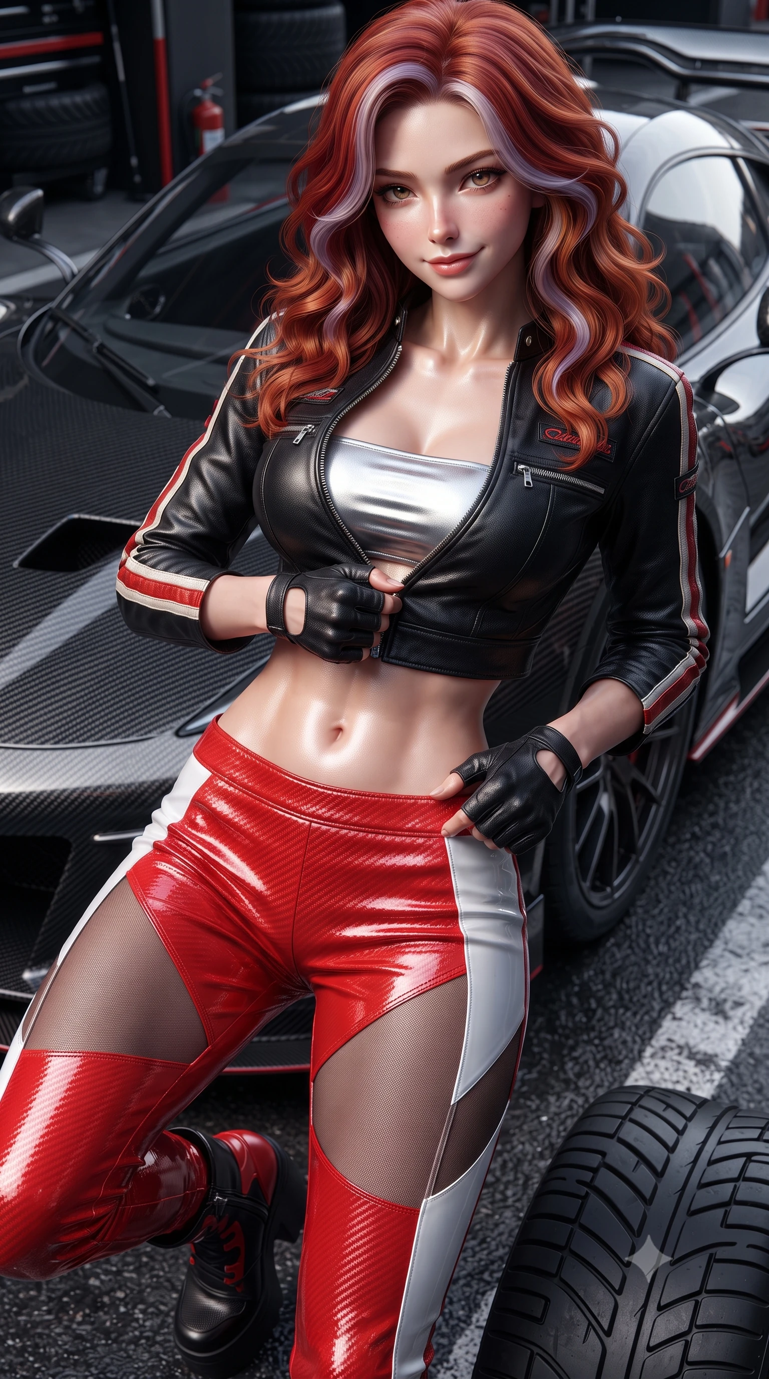 score_9, masterpiece, best quality, ultra-detailed, high-budget anime keyframe, editorial fashion photography, tasteful artistic composition, Caucasian woman. close-up cowboy shot from the waist and thighs up, the character dominates the composition, filling the frame with her large presence. leaning back with relaxed seductive grace, her sculpted collarbones highlighted by light, casting smoldering bedroom-eyes directly into the lens while unzipping her leather racing suit with a slow, teasing smile, eyes locked with daring magnetism on the viewer. The surrounding environment is rendered in vivid detail and crisp panoramic clarity. sharp carbon-fiber weave textures, polished hypercar body reflections, and tire tread grooves in deep focus. She has an exceptionally elegant, slender, and willowy female figure with an ultra-slim waist, a gracefully sculpted slender torso, toned flat midriff, and a refined slim silhouette. sharp v-shaped jawline, high-bridge nose, intricate jewel-like eyes with depth, thick eyelashes, glossy parted lips with a natural sheen, intensely captivating and seductive expression, flawlessly proportioned anatomical accuracy, strict slender model proportions, natural body alignment, perfectly sculpted long slender limbs, ultra-slim waistline, clean dynamic posture without body distortion. wearing a cropped leather racing jacket unzipped over a reflective silver bandeau top and low-rise carbon track pants in bright racing scarlet red and glossy white, made of stretchy athletic knit with sheer mesh cutout inserts, accessorized with bold platform racing boots and fingerless leather gloves, the sleek tactical cut tightly hugging her graceful clavicle, narrow waist, and athletic curves with statuesque precision. illuminated by wet specular asphalt bounce lights sculpting her toned midriff, slender waist, and long legs. ultra-reflective glossy finish, specular highlights, rich textural contrasts, high-contrast stereoscopic depth, volumetric dynamic lighting, 2k, ultra detail, master piece, 9:16 ratio