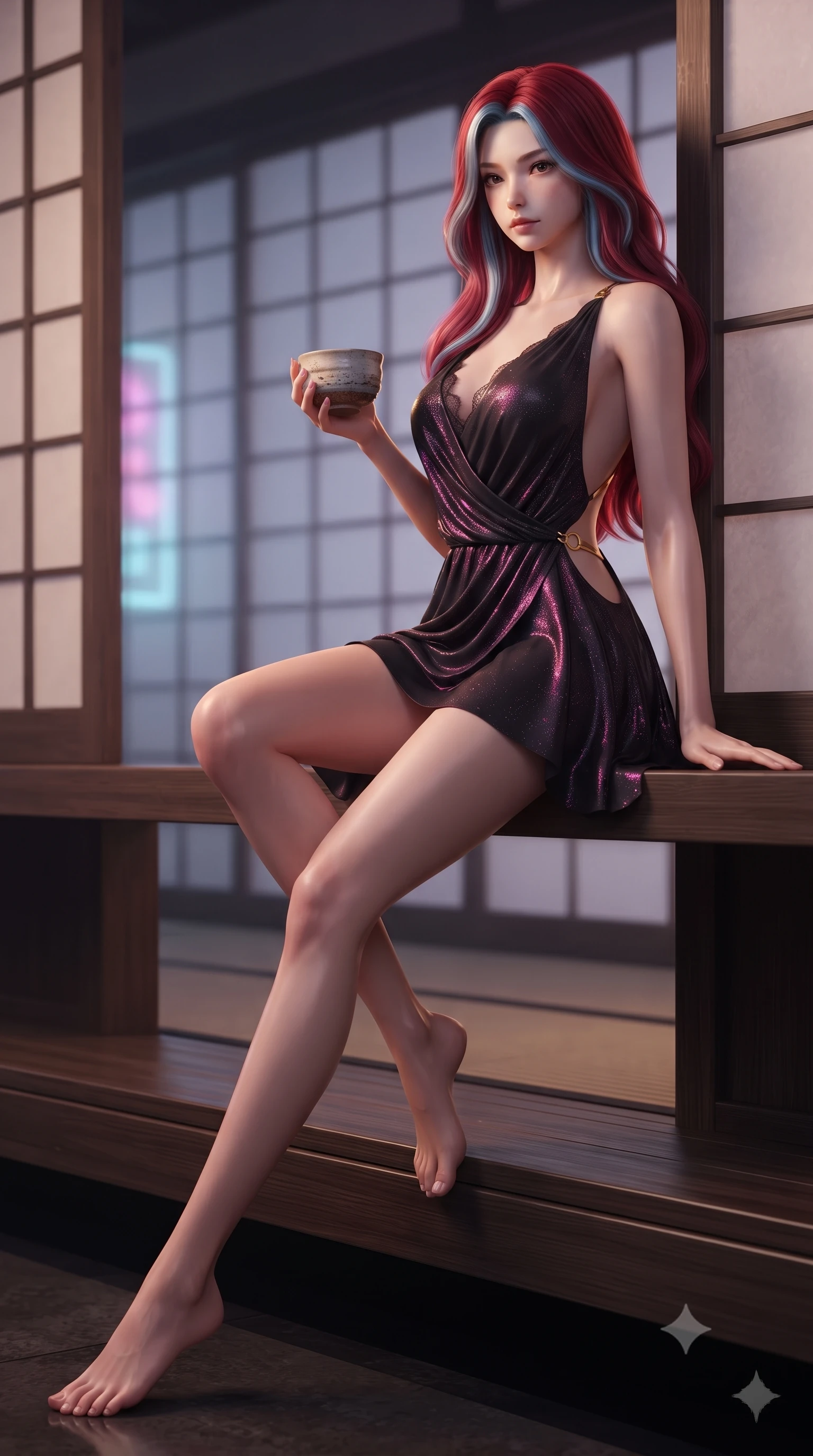 score_9, masterpiece, best quality, ultra-detailed, high-budget anime keyframe, editorial fashion photography, tasteful artistic composition, Caucasian woman. low angle full-body shot from head to toe showing her feet, filling the entire 9:16 vertical frame with her statuesque presence, stretching her vertical silhouette. lounging on the lavish daybed with legs crossed and hips angled toward the camera, displaying her toned midriff and long slender limbs with effortless siren poise while perched sideways on the lacquered pavilion threshold with legs extended, holding a modern ceramic tea bowl with dangerous coquettish cool. The background shows a soft-focus minimalist sliding shoji screens softened in neo-oriental cyberpunk shallow focus. She has an absolutely perfect, statuesque 8.5-heads proportion, an exceptionally tall and slender model-like female figure with impossibly long slender legs, an ultra-slim waist, a flat toned midriff, narrow delicate ribcage, and beautifully sculpted feminine hips creating a graceful, slim hourglass silhouette without any bulky heaviness. sharp v-shaped jawline, high-bridge nose, sparkling eyes with hypnotic seductive depth, thick curled eyelashes, glossy parted lips with a natural dewy peach sheen, alluring bedroom-eyes with an enchanting coquettish smile, exuding magnetic siren charisma and sophisticated glamour, flawlessly proportioned anatomical accuracy, strict slender model proportions, natural body alignment, perfectly sculpted long slender limbs, ultra-slim waistline, clean dynamic posture without body distortion. wearing a draped Greek-goddess style silk chiffon mini toga dress with an open back and golden hip fibula in wet-look onyx black with electric magenta reflections, woven from stretch metallic lurex jersey casting radiant starlight glints across her silhouette, finished with scalloped eyelash lace trim framing her sweetheart neckline with intimate elegance, the precision-cut side openings and low-back scoop framing her graceful spine and the sensual sweep of her slim, toned hips. illuminated by lacquer floor reflection bounce and sharp warm-gold rim lights sculpting her jawline, ultra-slim waist, and curvy hips. ultra-reflective glossy finish, specular highlights, rich textural contrasts, high-contrast stereoscopic depth, volumetric dynamic lighting, 2k, ultra detail, master piece, 9:16 ratio