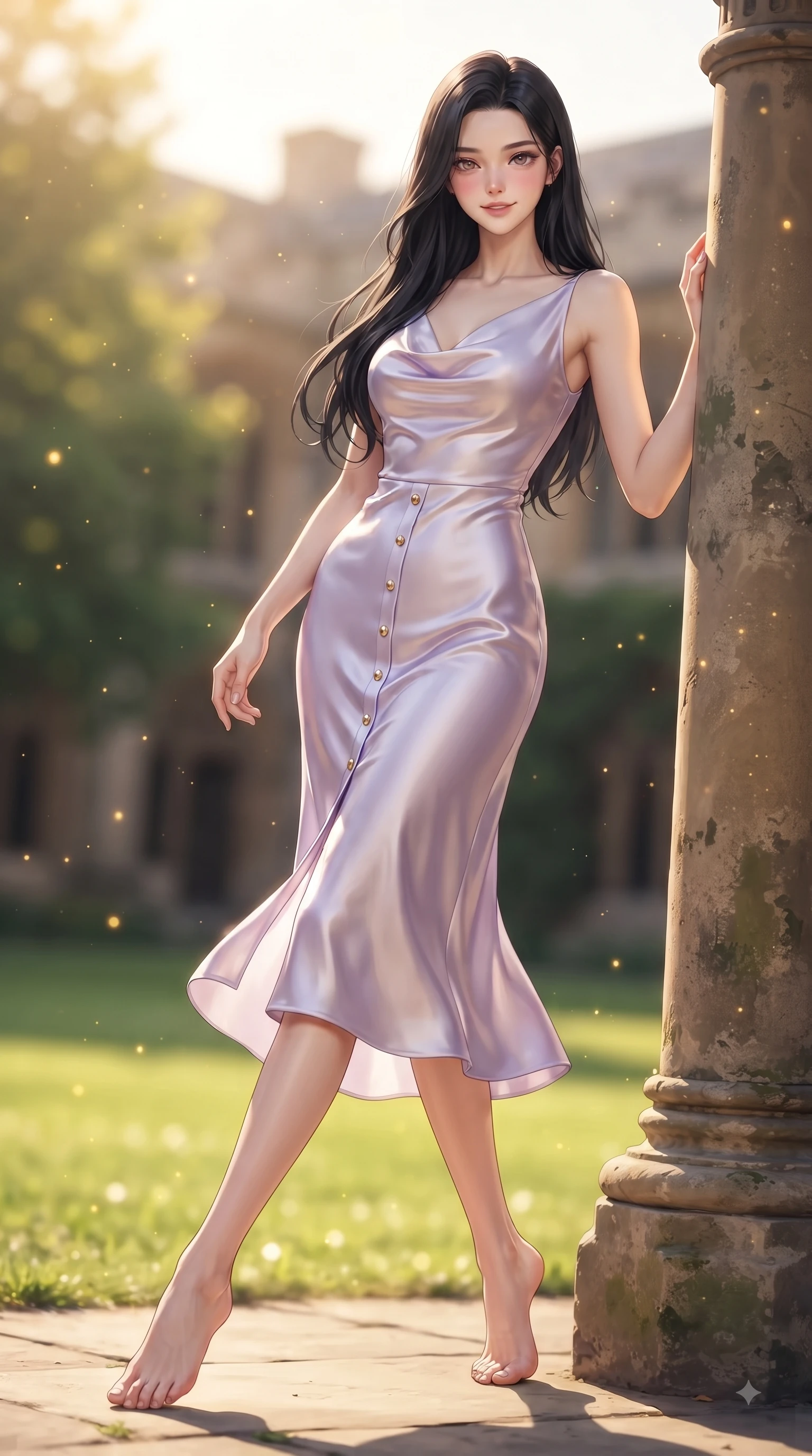 score_9, masterpiece, best quality, ultra-detailed, high-budget anime keyframe, editorial fashion photography, tasteful artistic composition, Korean woman. low angle full-body shot from head to toe showing her feet, filling the entire 9:16 vertical frame with her statuesque presence, stretching her vertical silhouette. stepping forward gracefully in mid-motion with a delighted cute expression, displaying her statuesque model proportions while leaning against an antique stone pillar in a sun-drenched university quadrangle. The composition keeps background elements in soft focus with dreamy bokeh. lush quad lawns scattering golden sun motes into a smooth, dreamy backdrop. She has an absolutely perfect, statuesque 8.5-heads proportion, an exceptionally tall and slender model-like female figure with impossibly long slender legs and an ultra-slim waist. sharp v-shaped jawline, high-bridge nose, intricate jewel-like eyes with depth, thick eyelashes, glossy lips with a natural sheen, flawlessly proportioned anatomical accuracy, natural body alignment, perfectly sculpted elegant limbs, clean dynamic posture without body distortion. wearing an elegant cowl-neck silk satin midi dress with a graceful draped neckline in soft lavender violet and pearl white, crafted from smooth liquid silk satin, adorned with delicate gold buttons along the front, the form-contouring material highlighting her ultra-slim waist and long lines. surrounded by an uplifting, fresh, and youthful academic ambiance. ultra-reflective glossy finish, specular highlights, metallic sheen, high-contrast stereoscopic depth, volumetric dynamic lighting, 2k, ultra detail, master piece, 9:16 ratio