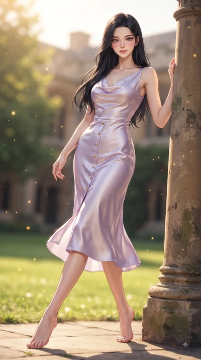 score_9, masterpiece, best quality, ultra-detailed, high-budget anime keyframe, editorial fashion photography, tasteful artistic composition, Korean woman. low angle full-body shot from head to toe showing her feet, filling the entire 9:16 vertical f