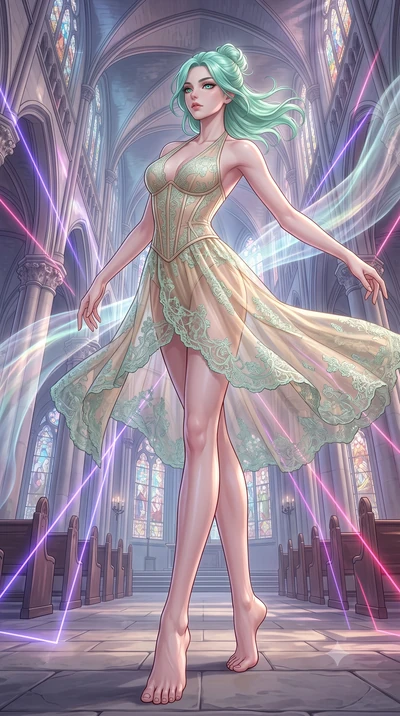 score_9, masterpiece, best quality, ultra-detailed, high-budget anime keyframe, editorial fashion photography, tasteful artistic composition, Japanese woman. low angle full-body shot from head to toe showing her feet, filling the entire 9:16 vertical