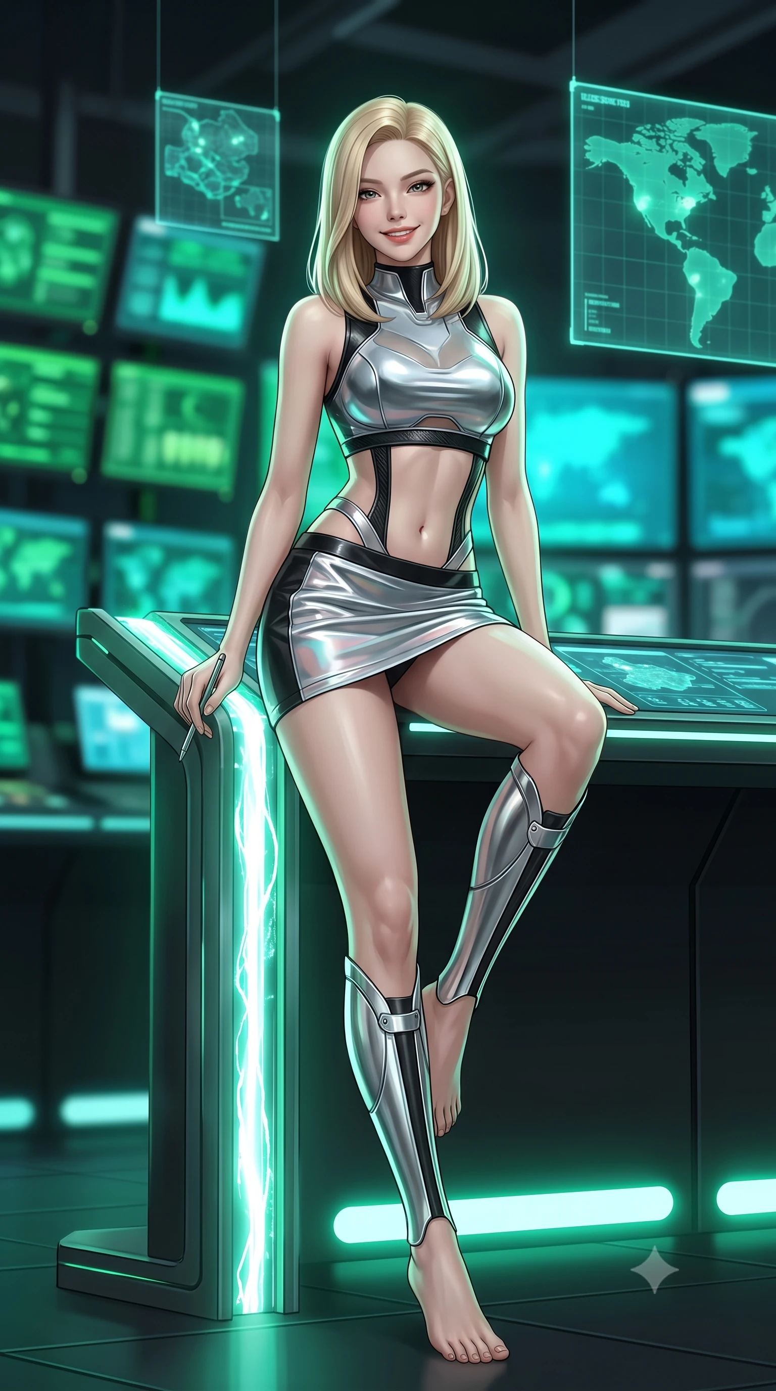 score_9, masterpiece, best quality, ultra-detailed, high-budget anime keyframe, semi-realistic 3D game render, editorial fashion photography, tasteful artistic composition, Korean woman. low angle full-body shot from head to toe showing her feet, filling the entire 9:16 vertical frame with her statuesque presence, stretching her vertical silhouette. leaning deep against the glowing energy conduit with hips cocked back in an unapologetically alluring high-fashion stance, flashing a warm beaming smile while sitting perched on the edge of the master terminal desk with legs crossed, holding a data stylus while flashing a dangerous, confident smile. The background shows a soft-focus tiers of green and cyan monitor banks and suspended holographic tactical maps blurred into electric emerald, cyan, and charcoal bokeh. She has an absolutely perfect, statuesque 8.5-heads proportion, an exceptionally tall and slender model-like female figure with impossibly long slender legs, an ultra-slim waist, a flat toned midriff, narrow delicate ribcage, and beautifully sculpted feminine hips creating a graceful, slim hourglass silhouette without any bulky heaviness. sharp v-shaped jawline, high-bridge nose, intricate jewel-like sparkling eyes with depth, thick eyelashes, glossy parted lips with a natural sheen, bright confident smile with an enchanting and coquettish sensual glint, exuding both youthful magnetic charm and sovereign high-tech allure, flawlessly proportioned anatomical accuracy, strict slender model proportions, natural body alignment, perfectly sculpted long slender limbs, ultra-slim waistline, clean dynamic posture without body distortion. wearing a body-hugging modern carbon-alloy crop top paired with a low-rise tactical skirt and a subtle waist cut-out in liquid chrome silver and pitch black, woven from layered gossamer holographic organza casting chromatic prism reflections, finished with delicate carbon-fiber boning framing the narrow waistline, the form-contouring cut accentuating her sculpted flat midriff, narrow delicate ribcage, and gracefully curvy hips with cybernetic supermodel precision. illuminated by glowing console underlights and crisp emerald rim lighting sharply carving her razor-sharp jawline, narrow waist, and curvy hips. highly saturated vibrant anime colors, detailed shading with soft gradients, rich glossy textures, high-contrast stereoscopic depth, volumetric dynamic lighting, master piece, 9:16 ratio