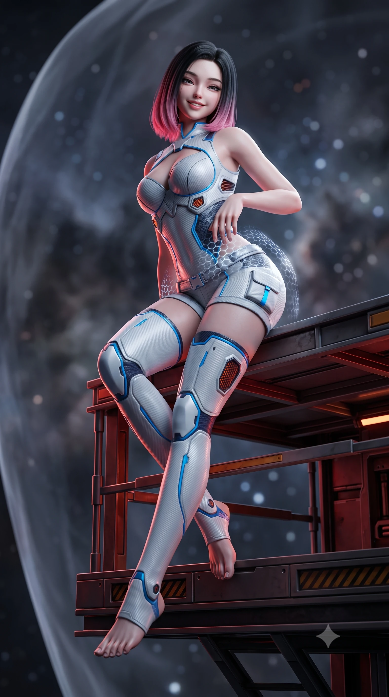 score_9, masterpiece, best quality, ultra-detailed, high-budget anime keyframe, semi-realistic 3D game render, editorial fashion photography, tasteful artistic composition, Korean woman. low angle full-body shot from head to toe showing her feet, filling the entire 9:16 vertical frame with her statuesque presence, stretching her vertical silhouette. sitting perched on the elevated maintenance gantry edge with legs crossed and hips angled toward the camera, displaying her toned midriff and long slender limbs with joyful, coquettish charm while twisting her slender torso in an alluring contrapposto stance, shimmering hexagonal cloaking waves rippling across her curvy hips and waist. The background shows a soft-focus translucent shimmering cloaking field boundaries and distant nebula clouds blurred into smoky charcoal, indigo, and starlight bokeh. She has an absolutely perfect, statuesque 8.5-heads proportion, an exceptionally tall and slender model-like female figure with impossibly long slender legs, an ultra-slim waist, a flat toned midriff, narrow delicate ribcage, and beautifully sculpted feminine hips creating a graceful, slim hourglass silhouette without any bulky heaviness. sharp v-shaped jawline, high-bridge nose, intricate jewel-like sparkling eyes with depth, thick eyelashes, glossy parted lips with a natural sheen, bright confident smile with an enchanting and coquettish sensual glint, exuding both youthful magnetic charm and sovereign high-tech allure, flawlessly proportioned anatomical accuracy, strict slender model proportions, natural body alignment, perfectly sculpted long slender limbs, ultra-slim waistline, clean dynamic posture without body distortion. wearing a sculpted carbon-fiber bustier armor top paired with ultra-tight tactical cargo shorts and thigh-high armored boots in arctic snowflake white and electric plasma blue, crafted from lightweight aerodynamic matte carbon-fiber weave with structural stiffness, accented with subtle hexagonal heat-sink vents glowing with dim orange thermal heat, the precision-cut side openings and low-back scoop framing her graceful spine and the sensual sweep of her slim, toned hips. bathed in low-key red and dim amber tactical lighting contrasting with cold starlight. highly saturated vibrant anime colors, detailed shading with soft gradients, rich glossy textures, high-contrast stereoscopic depth, volumetric dynamic lighting, master piece, 9:16 ratio
